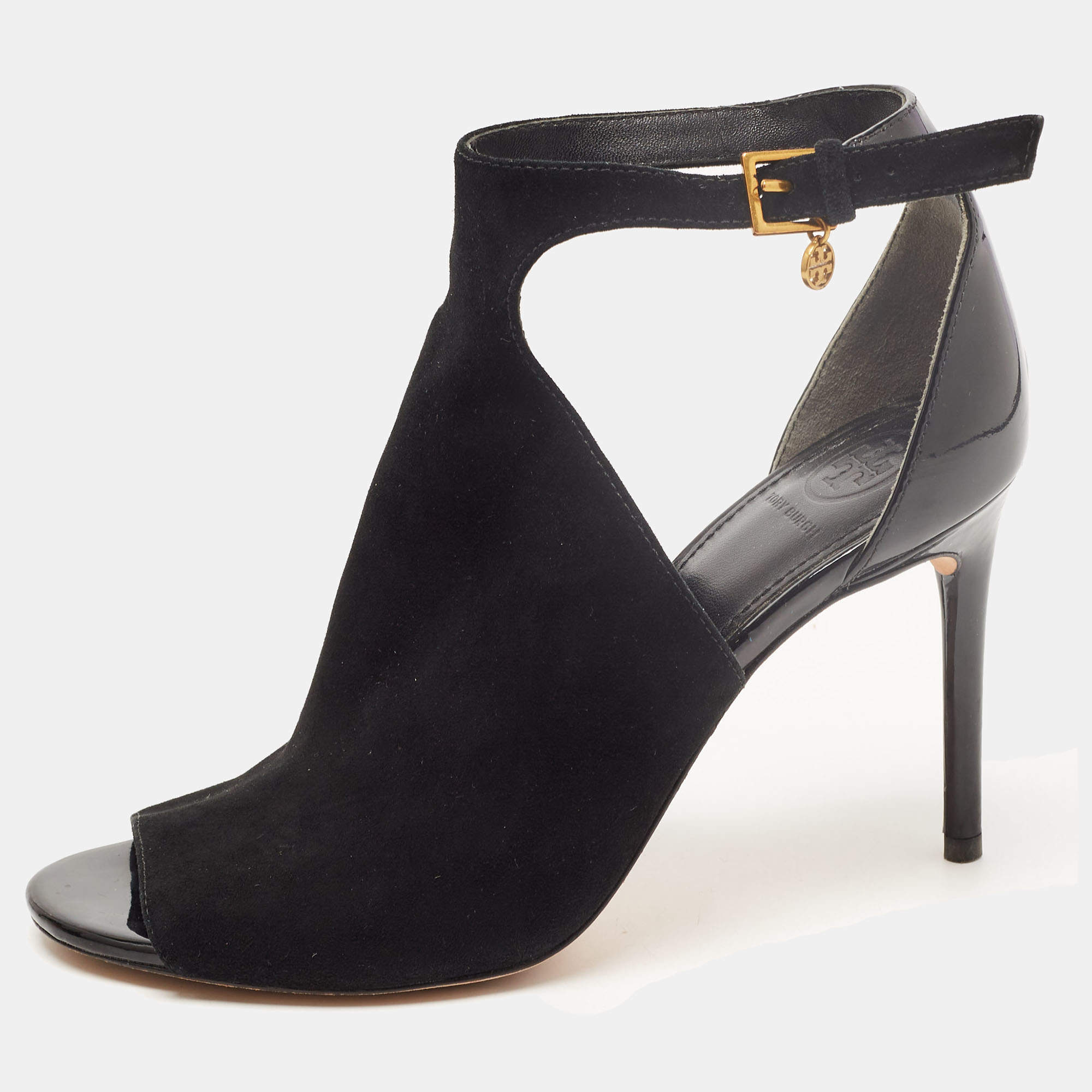 Pre Owned Tory Burch Black Suede and Patent Leather Ashton Booties Size 38