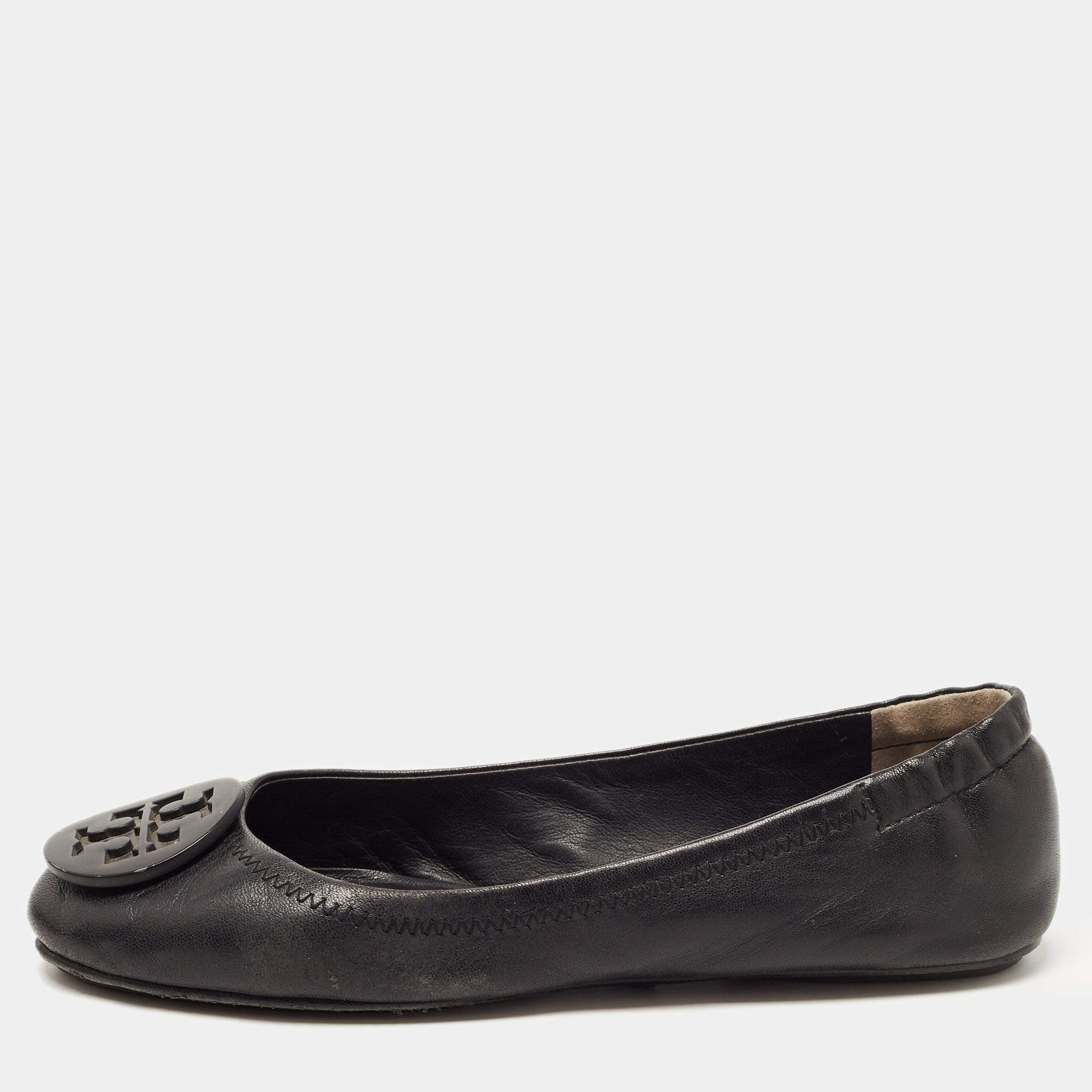 Pre Owned Tory Burch Black Leather Minnie Ballet Flats Size 36