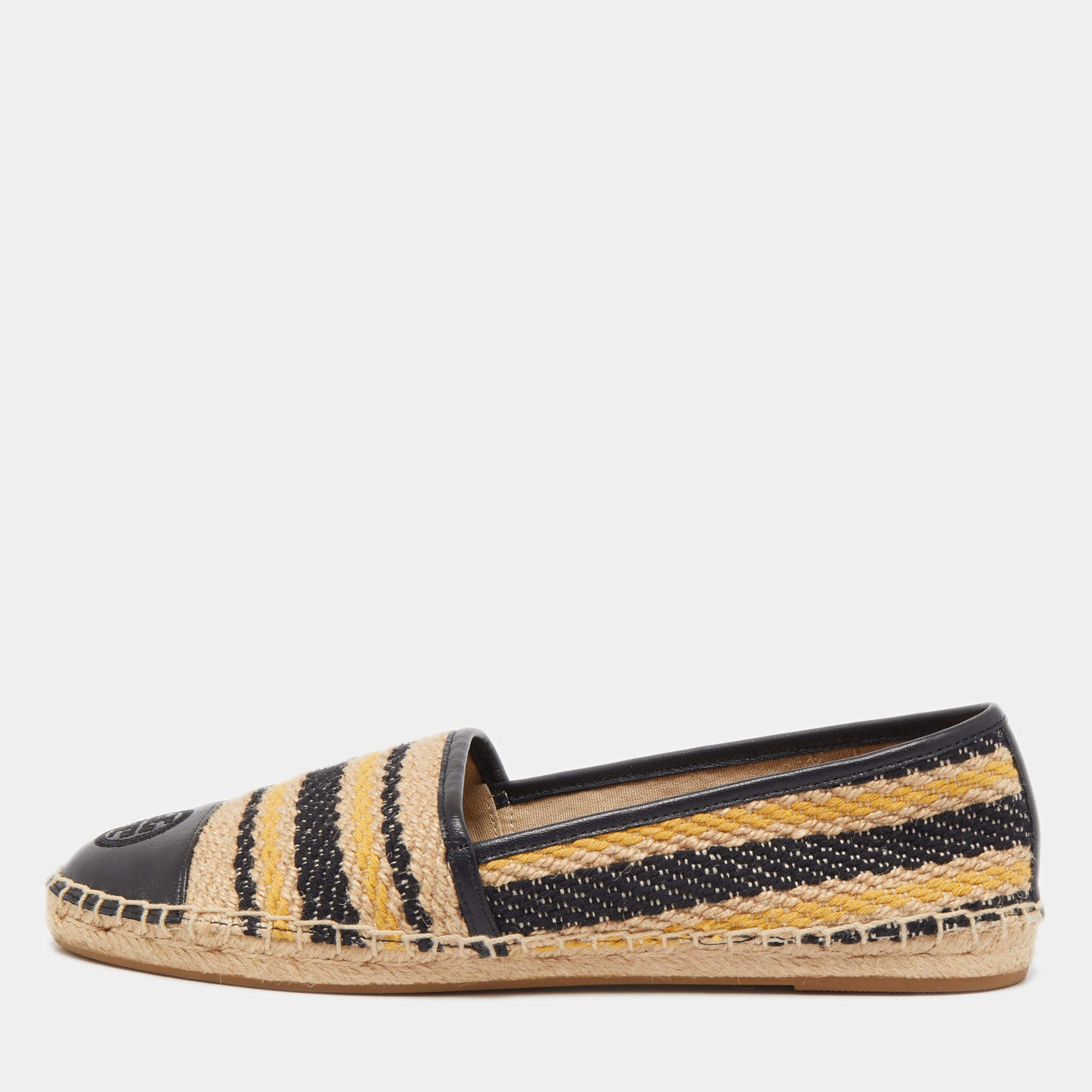 Pre Owned Tory Burch Black/Beige Leather and Jute Espadrille Flats Size 39.5