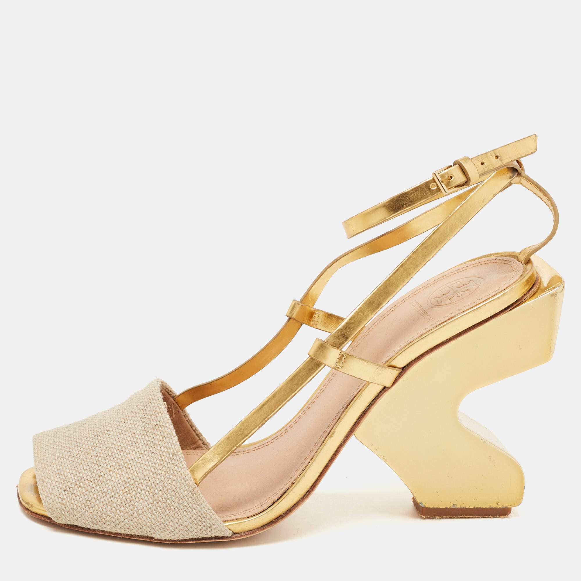 Pre Owned Tory Burch Gold/Beige Leather and Canvas Curio Sandals Size 39.5