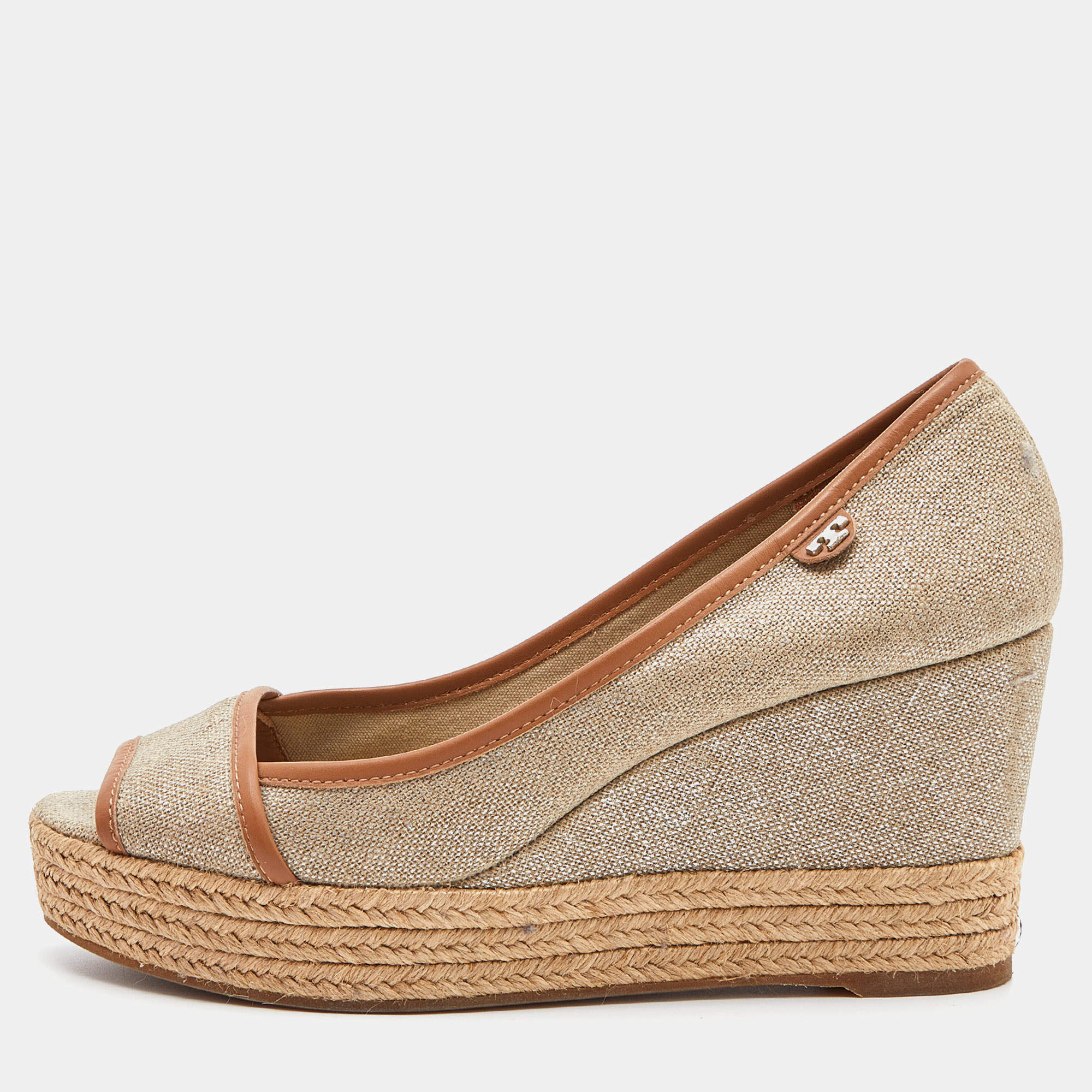 Pre Owned Tory Burch Beige/Tan Canvas and Leather Espadrille Wedge Pumps Size 39.5