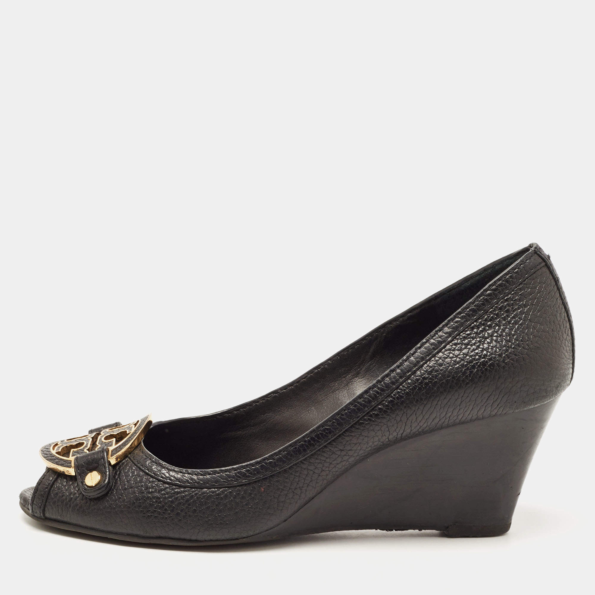 Pre Owned Tory Burch Black Leather Wedge Pumps Size 40