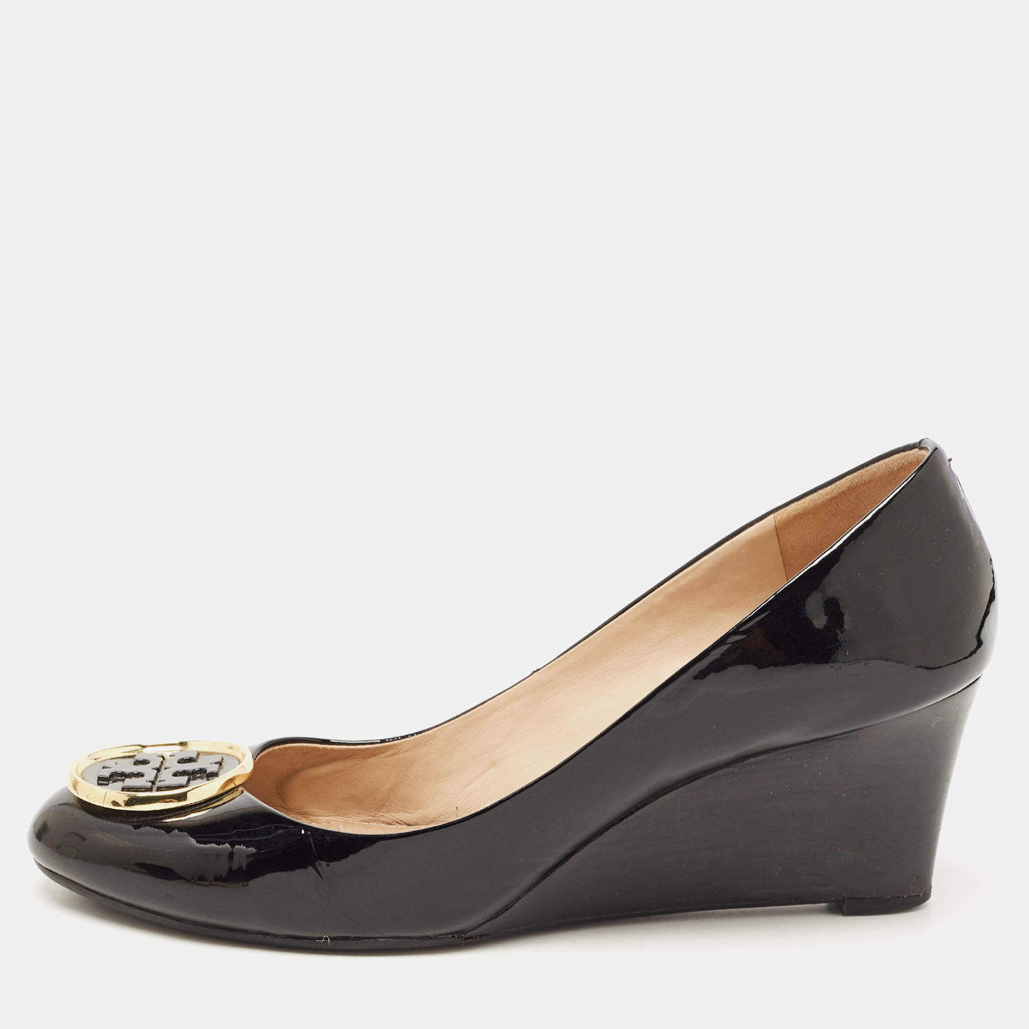 Pre Owned Tory Burch Black Patent Leather Wedge Pumps Size 40.5