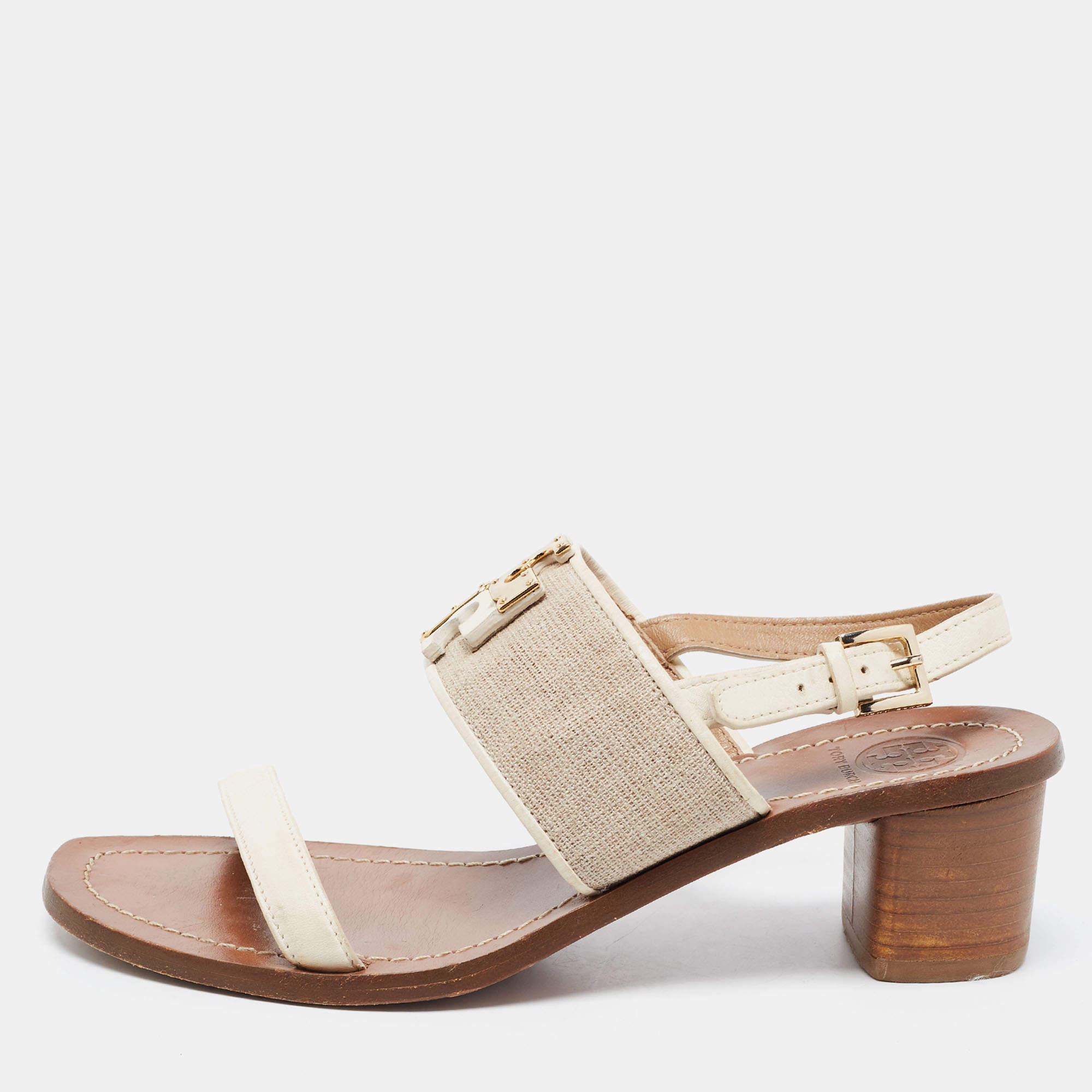 Pre Owned Tory Burch Off-white/Grey Leather And Canvas Lowell Sandals Size 37.5