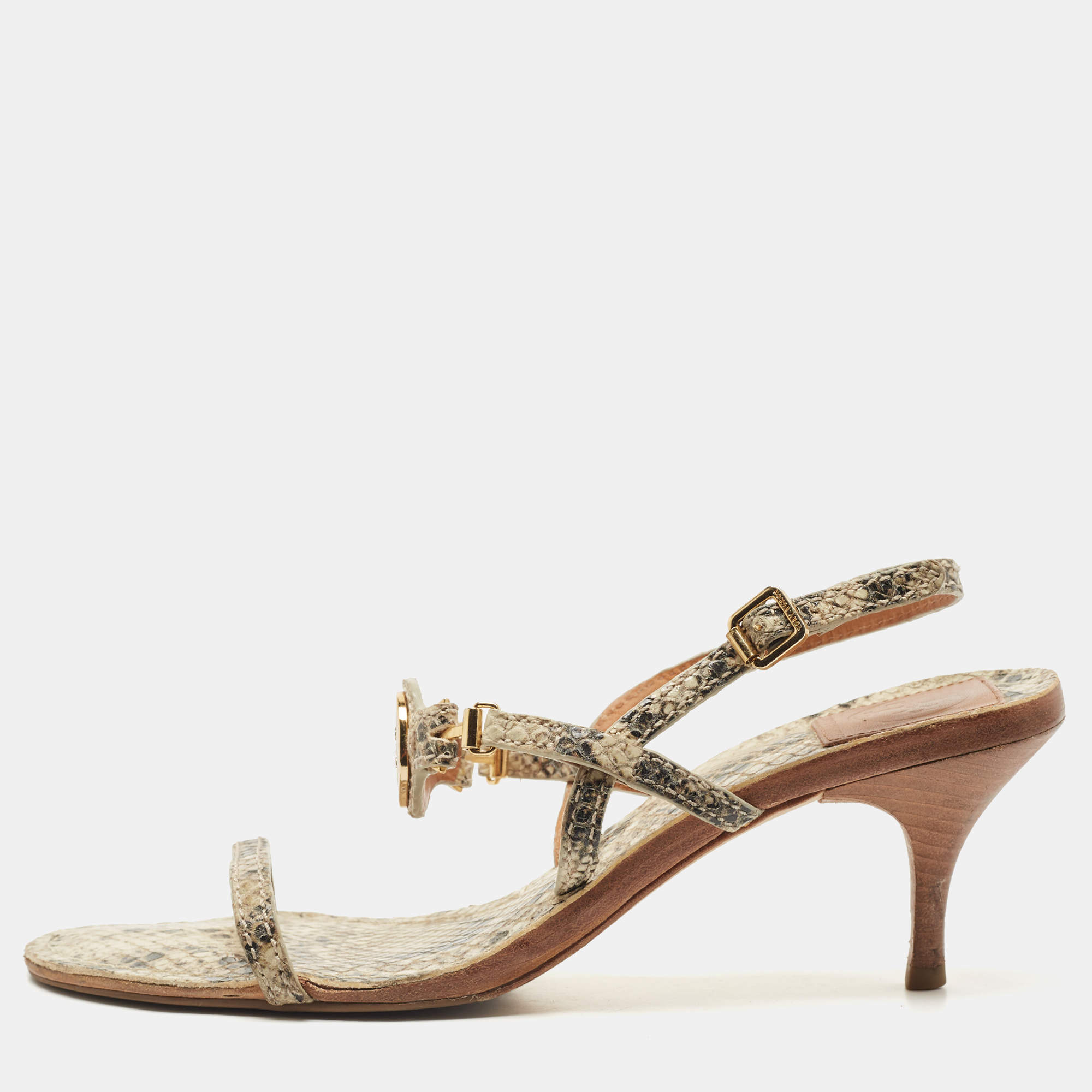 Pre Owned Tory Burch Beige/Black Python Embossed Ankle Strap Sandals Size 39.5
