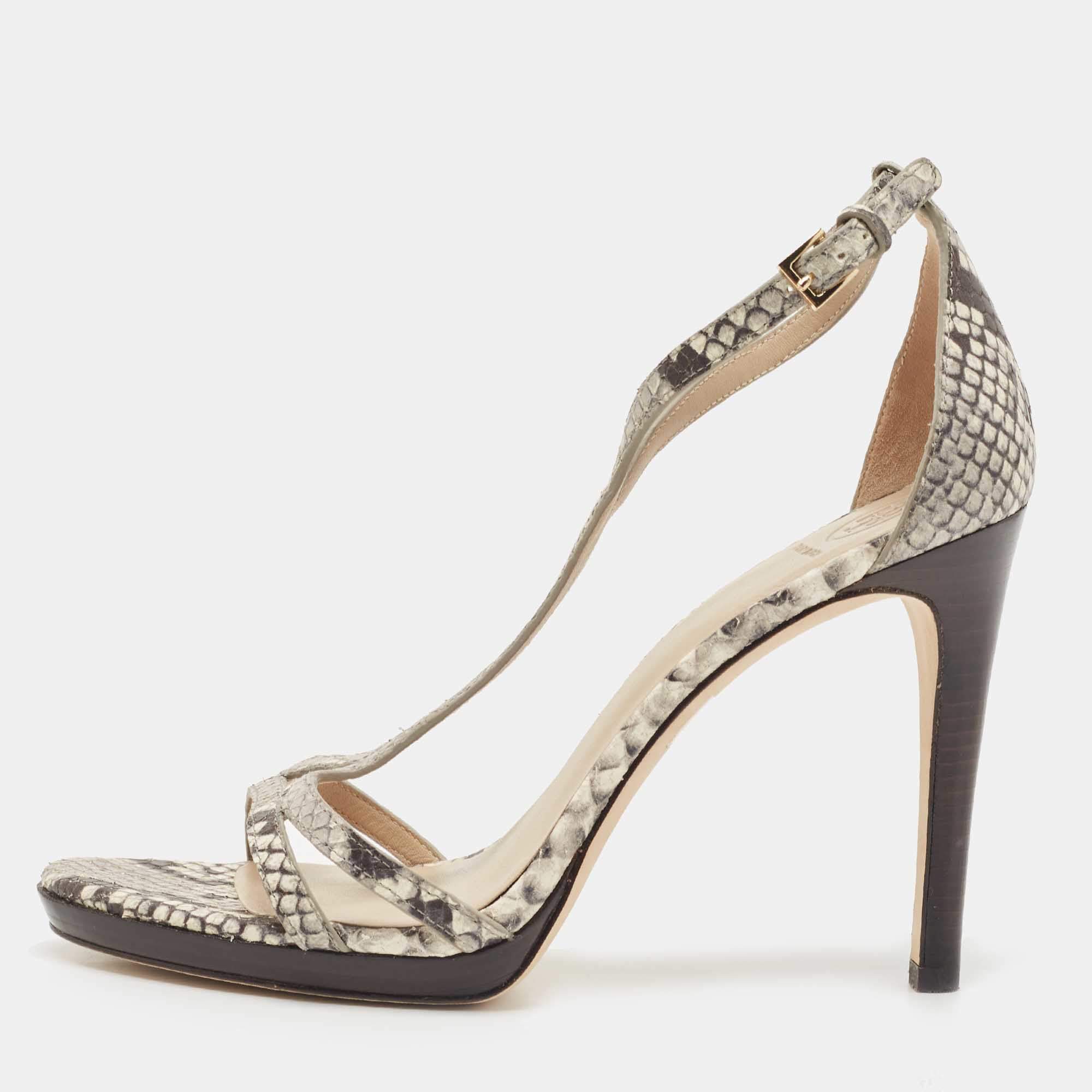 Pre Owned Tory Burch Grey/Black Python Embossed Leather Shelley Sandals Size 38.5