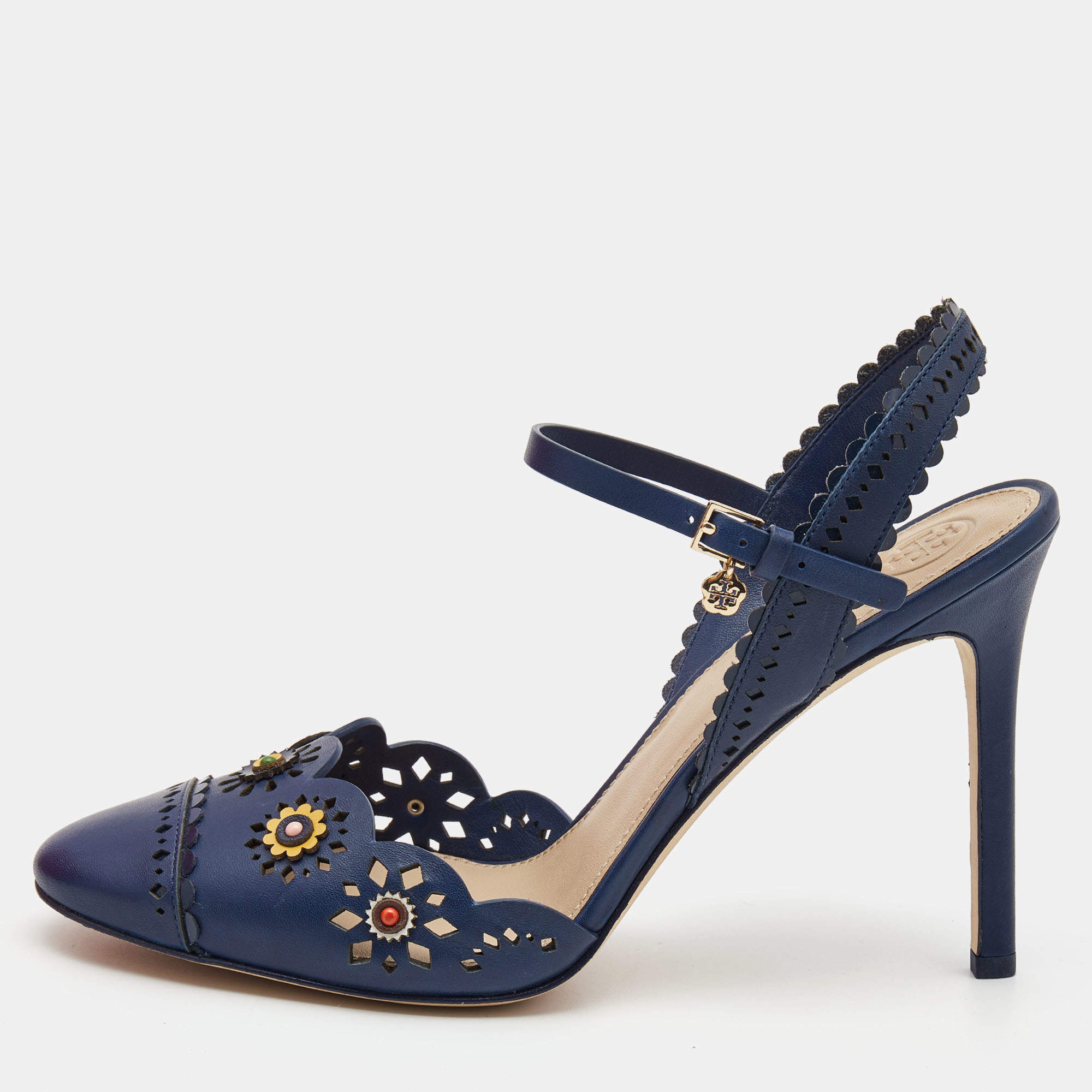 Pre Owned Tory Burch Blue Leather Floral Appliquéd Scalloped Marguerite Ankle Strap Sandals Size 39