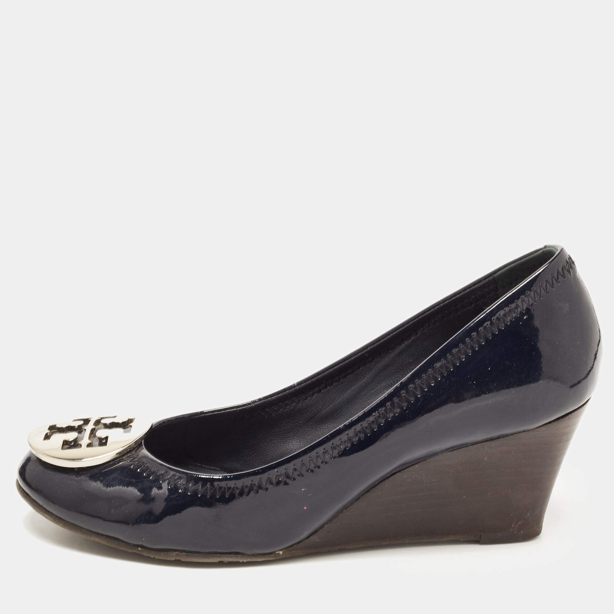 Tory Burch Navy Blue Patent Leather Wedge Pumps Size 36.5 