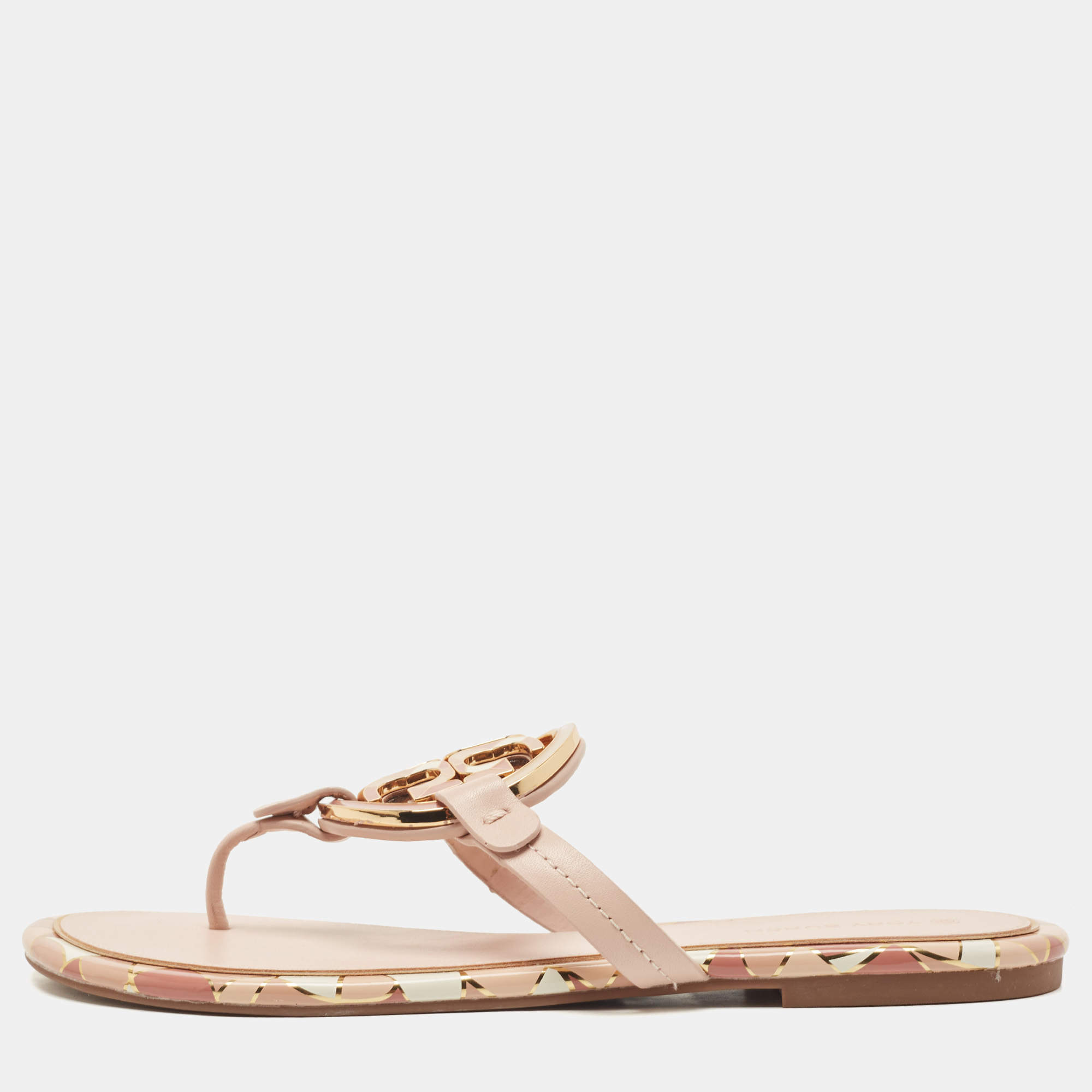 Pre Owned Tory Burch Pink Leather Enamel Logo Miller Thong Flats Size 40