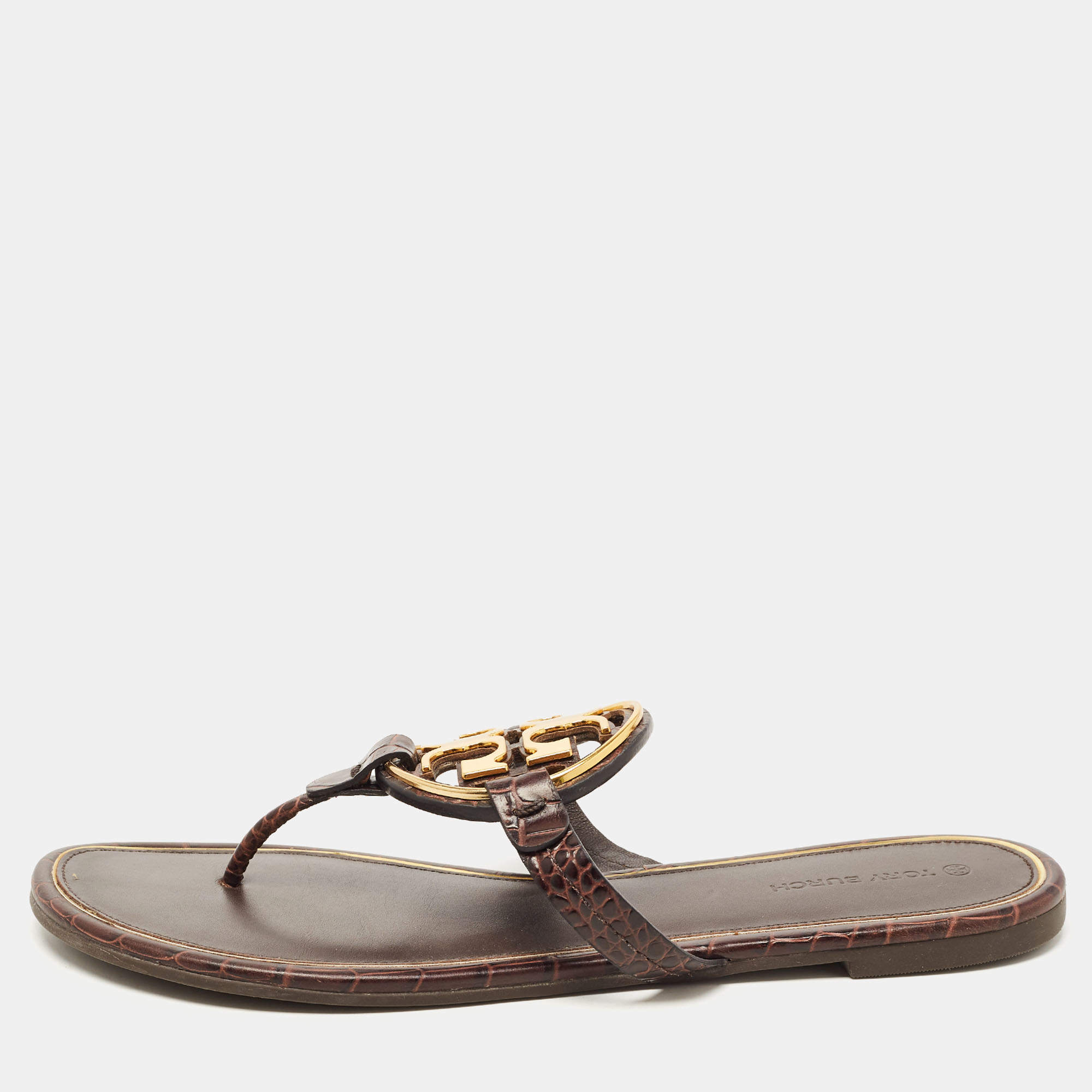 Pre Owned Tory Burch Burgundy Croc Embossed Leather Thong Flats Size 40.5