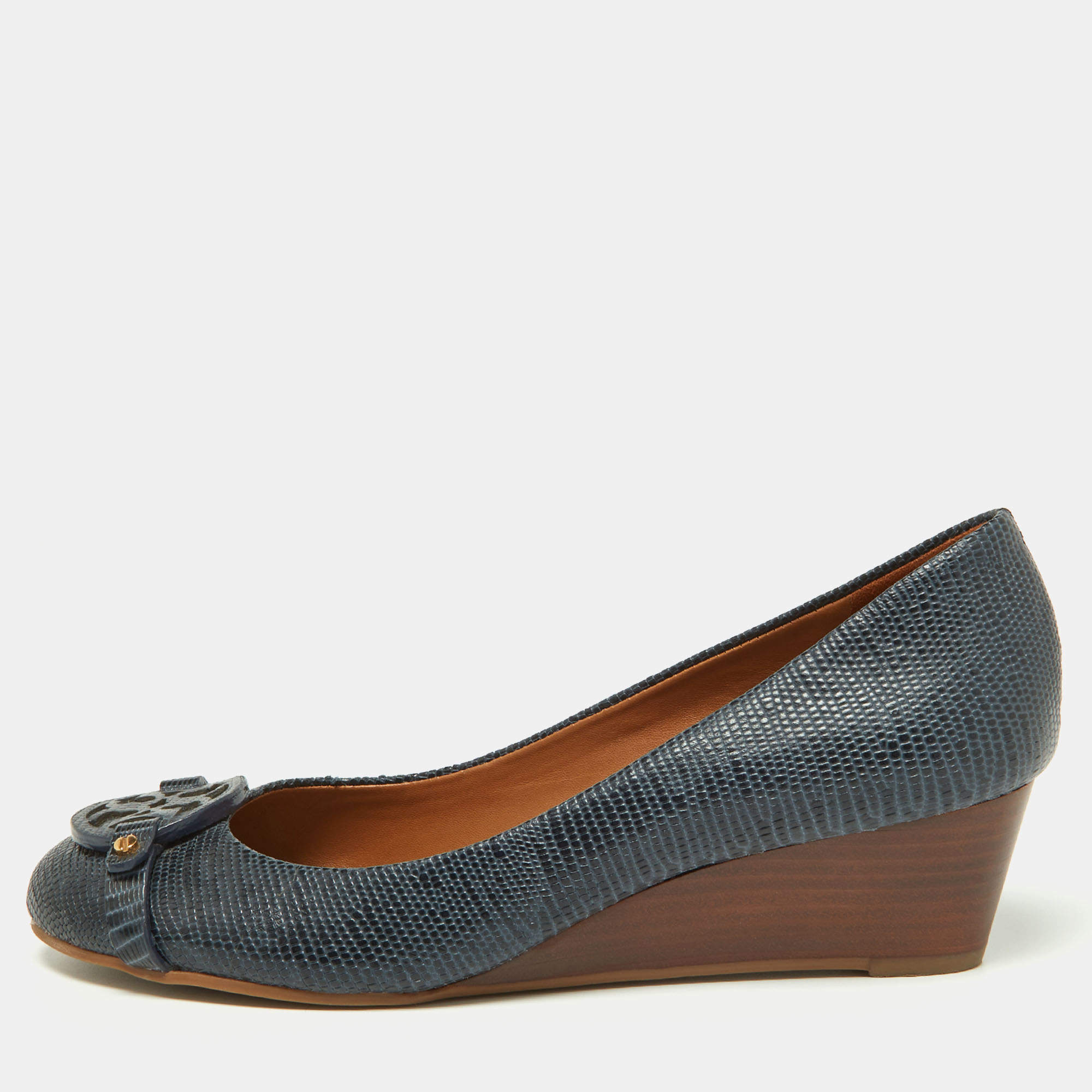 Pre Owned Tory Burch Navy Blue Lizard Embossed Leather Wedge Pumps Size 38.5