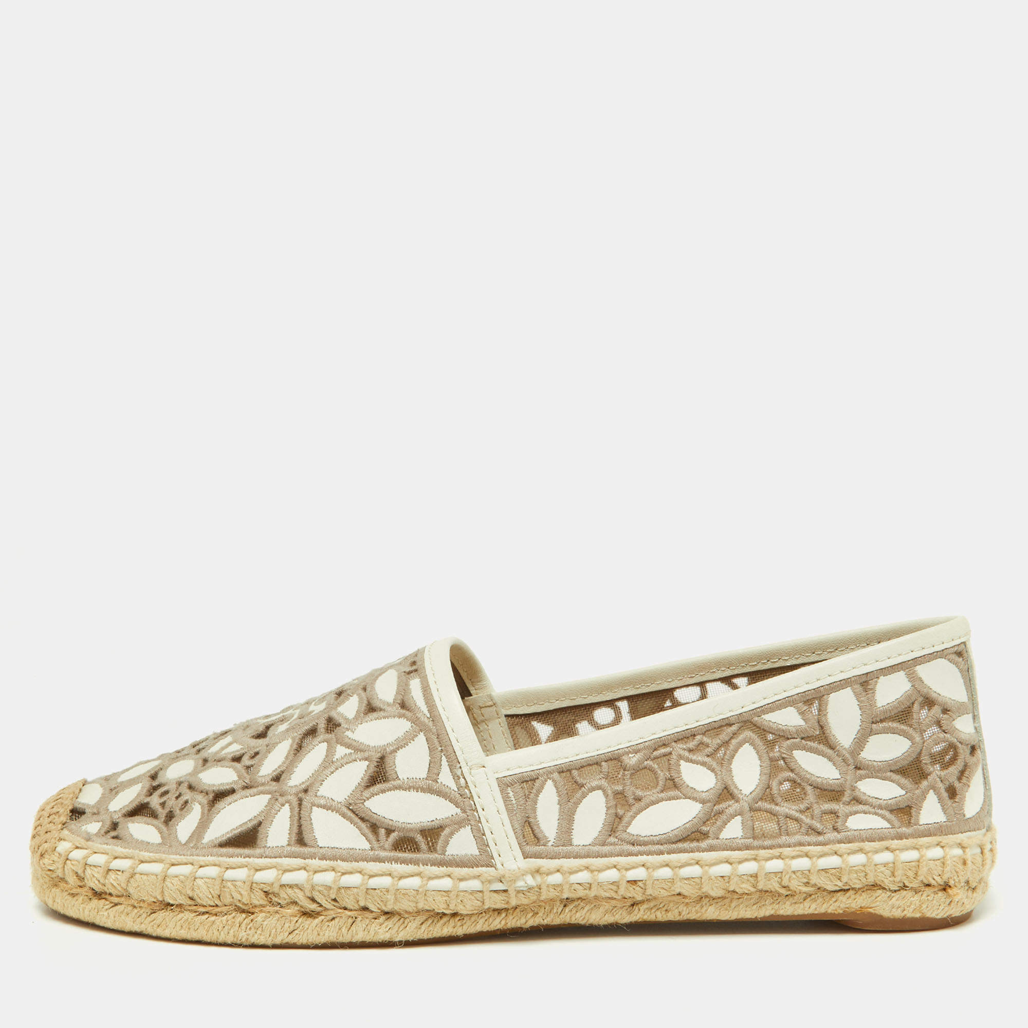 Pre Owned Tory Burch White/Grey Embroidered Leather Rhea Espadrille Flats Size 38.5