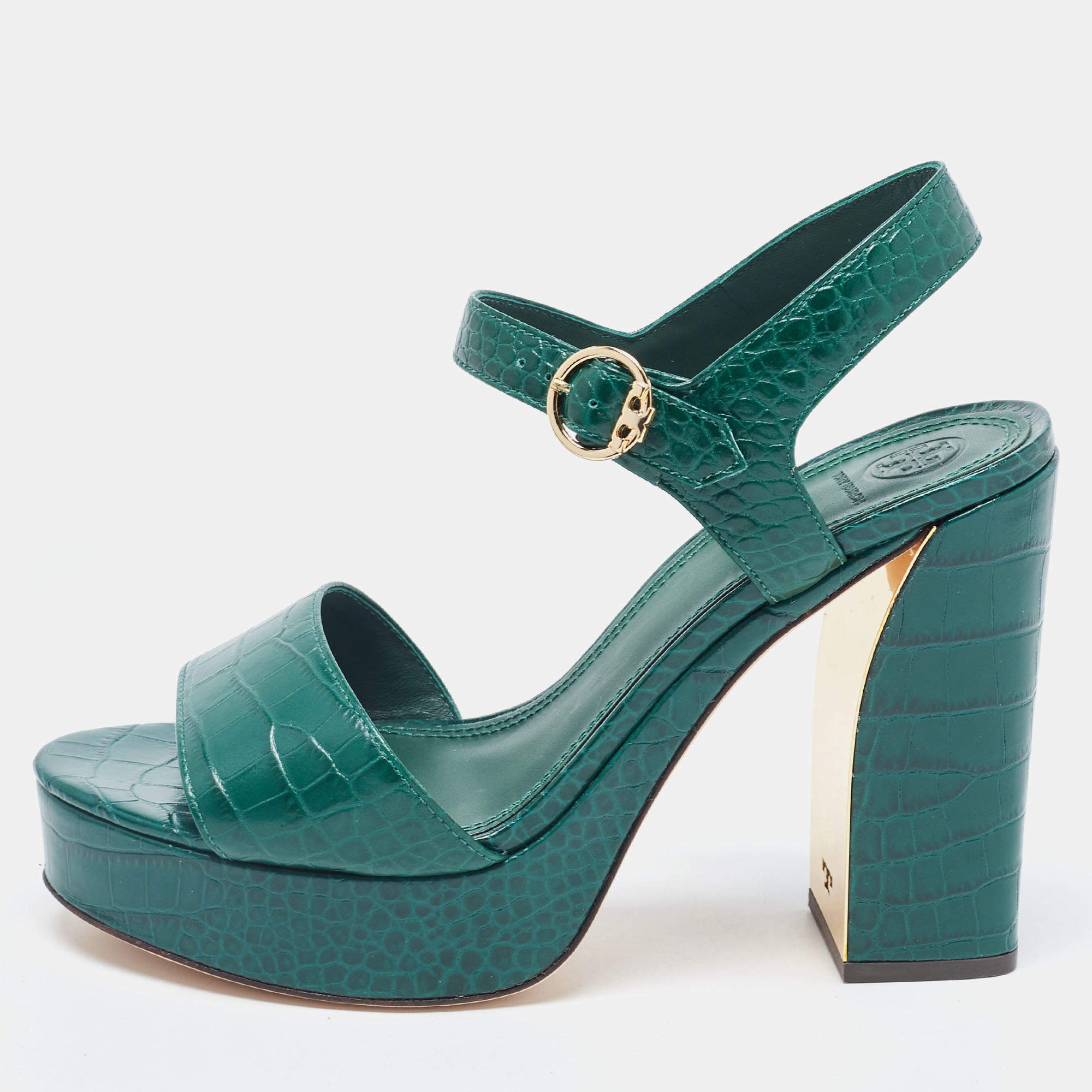 Pre Owned Tory Burch Green Croc Embossed Leather Maritine Platform Ankle Strap Sandals Size 39.5