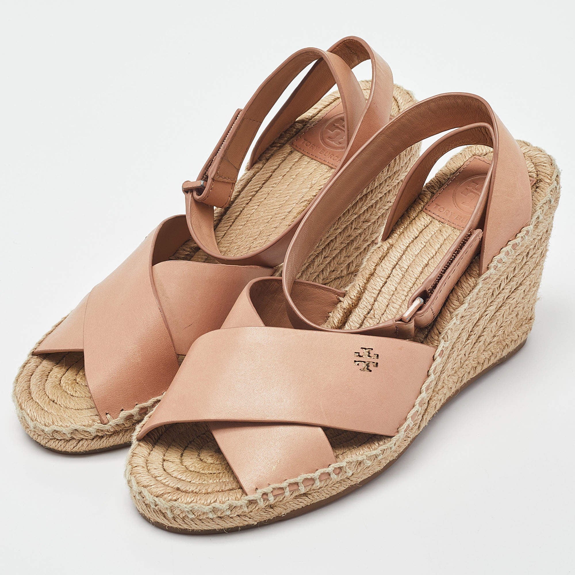 Tory Burch Pink Leather Bima Espadrille Wedge Sandals Size 38 Tory