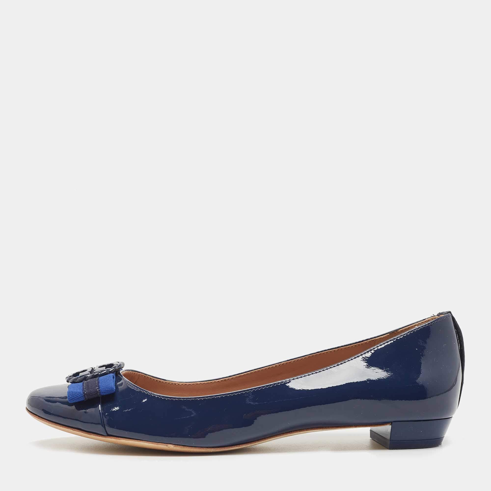 Pre Owned Tory Burch Blue Patent Leather Benton Ballet Flats Size 38