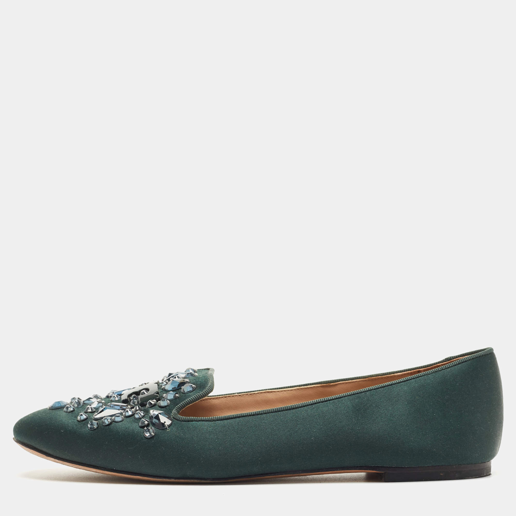 Pre Owned Tory Burch Green Satin Embellished Smoking Slipper Size 39.5