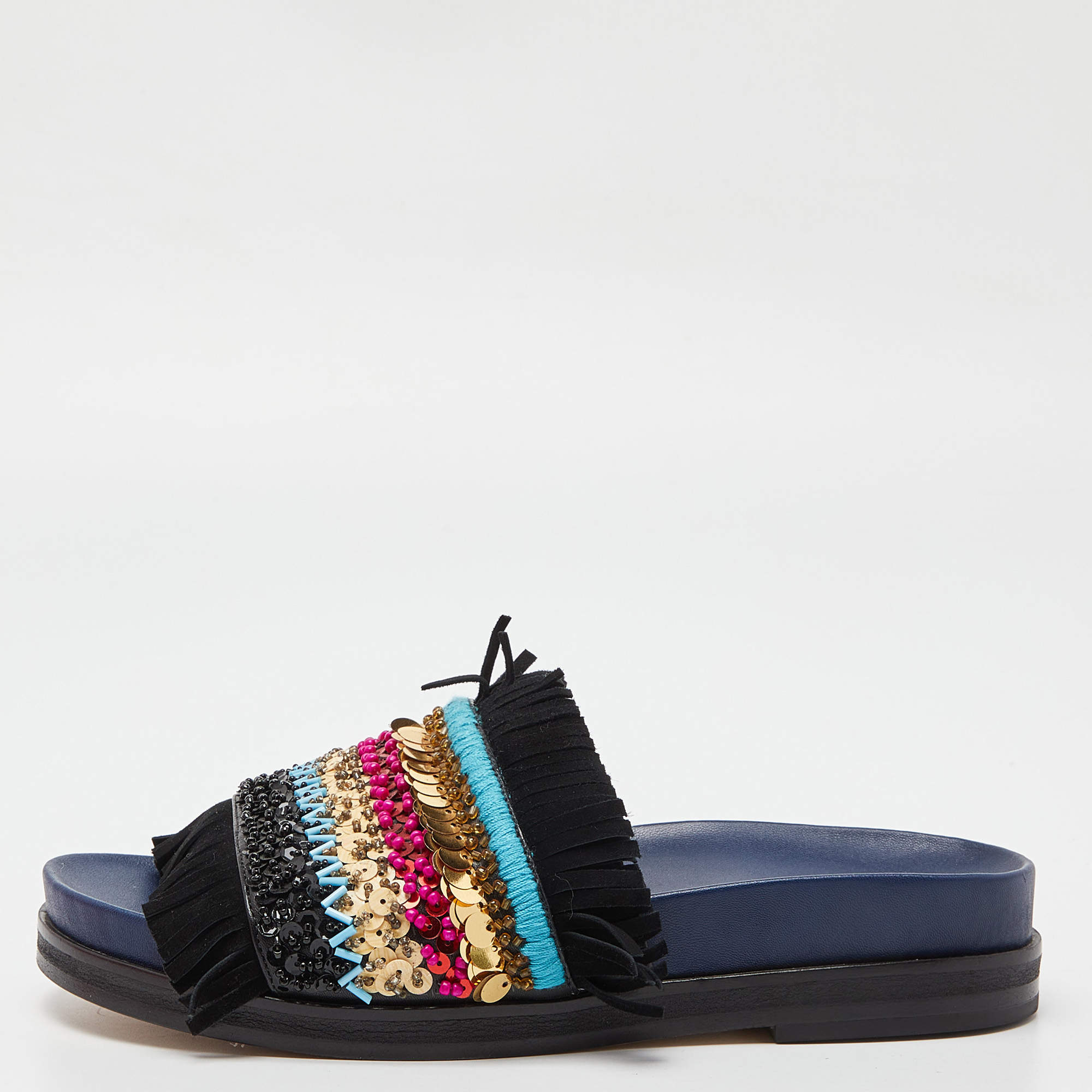 Pre Owned Tory Burch Black/Navy Blue Leather Embellished Isle Sildes Size 37.5