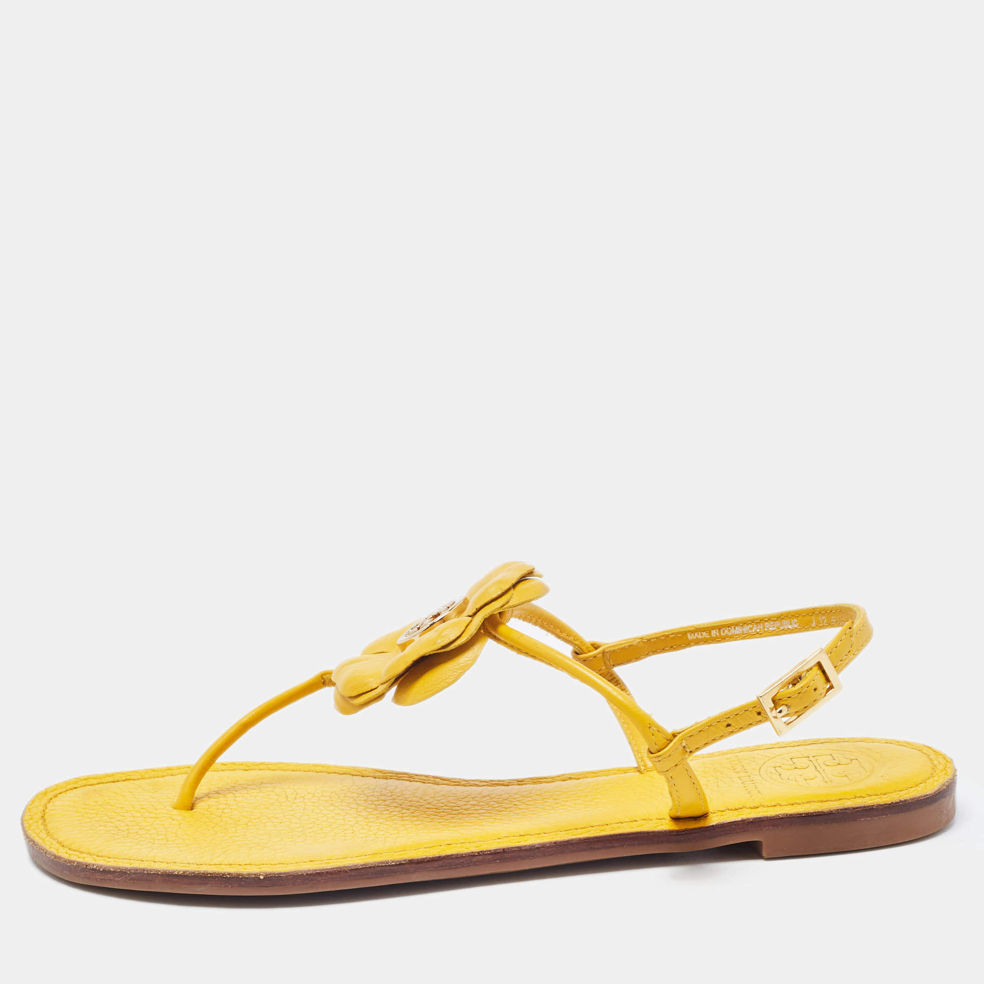 Pre Owned Tory Burch Yellow Leather Flower Thong Flat Sandals Size 37
