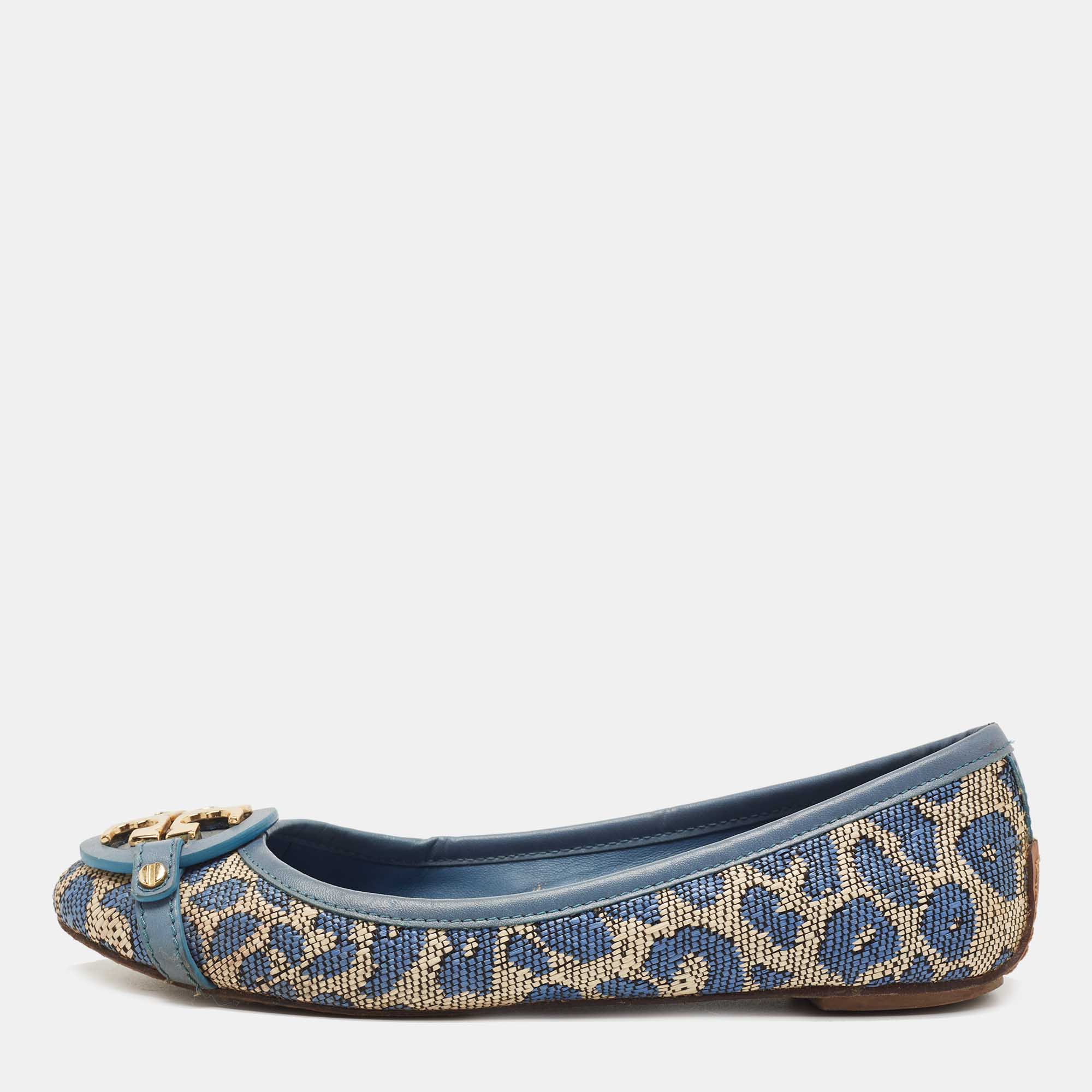 Pre Owned Tory Burch Blue Raffia and Leather Minnie Ballet Flats Size 36.5