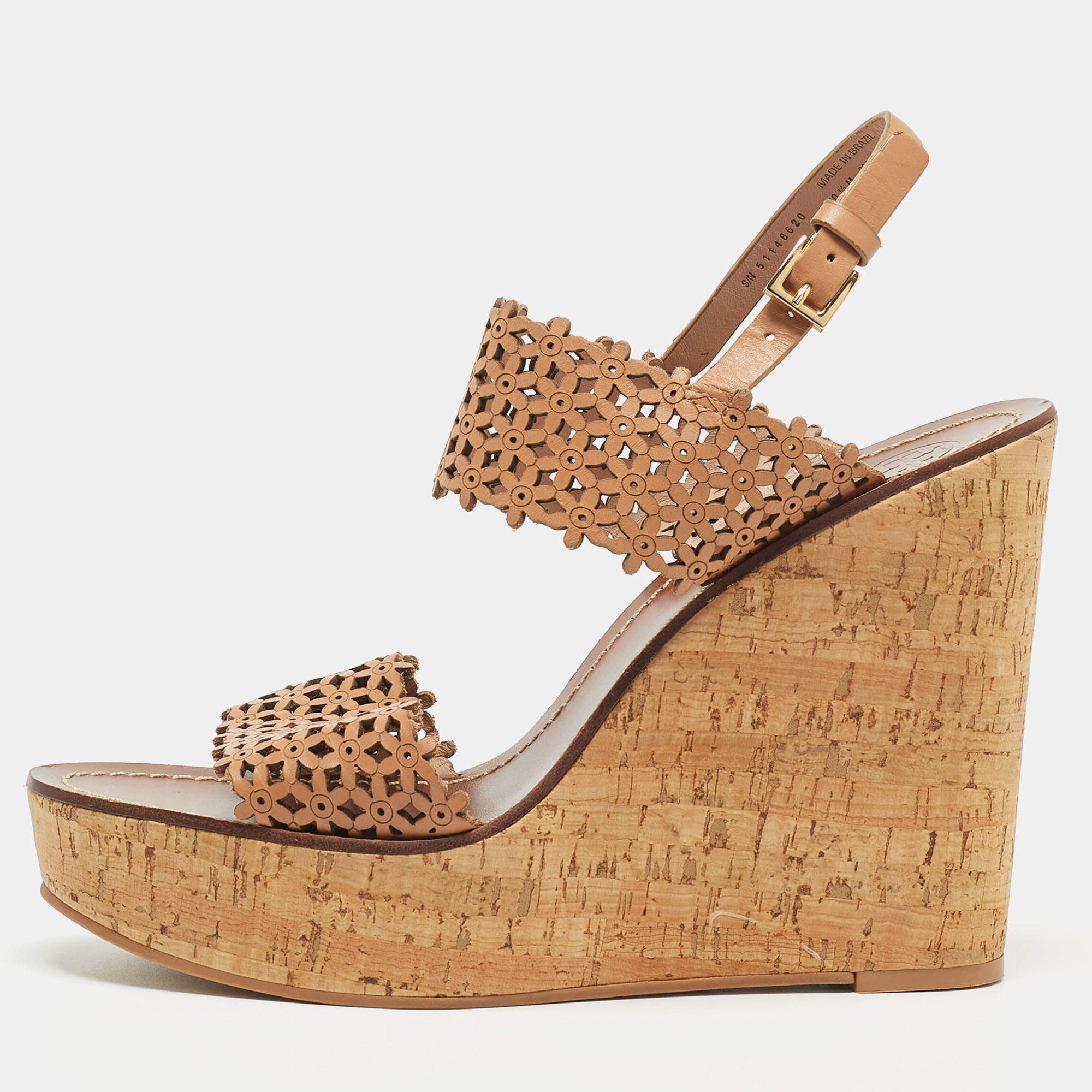 Pre Owned Tory Burch Brown Leather Daisy Wedge Sandals Size 41