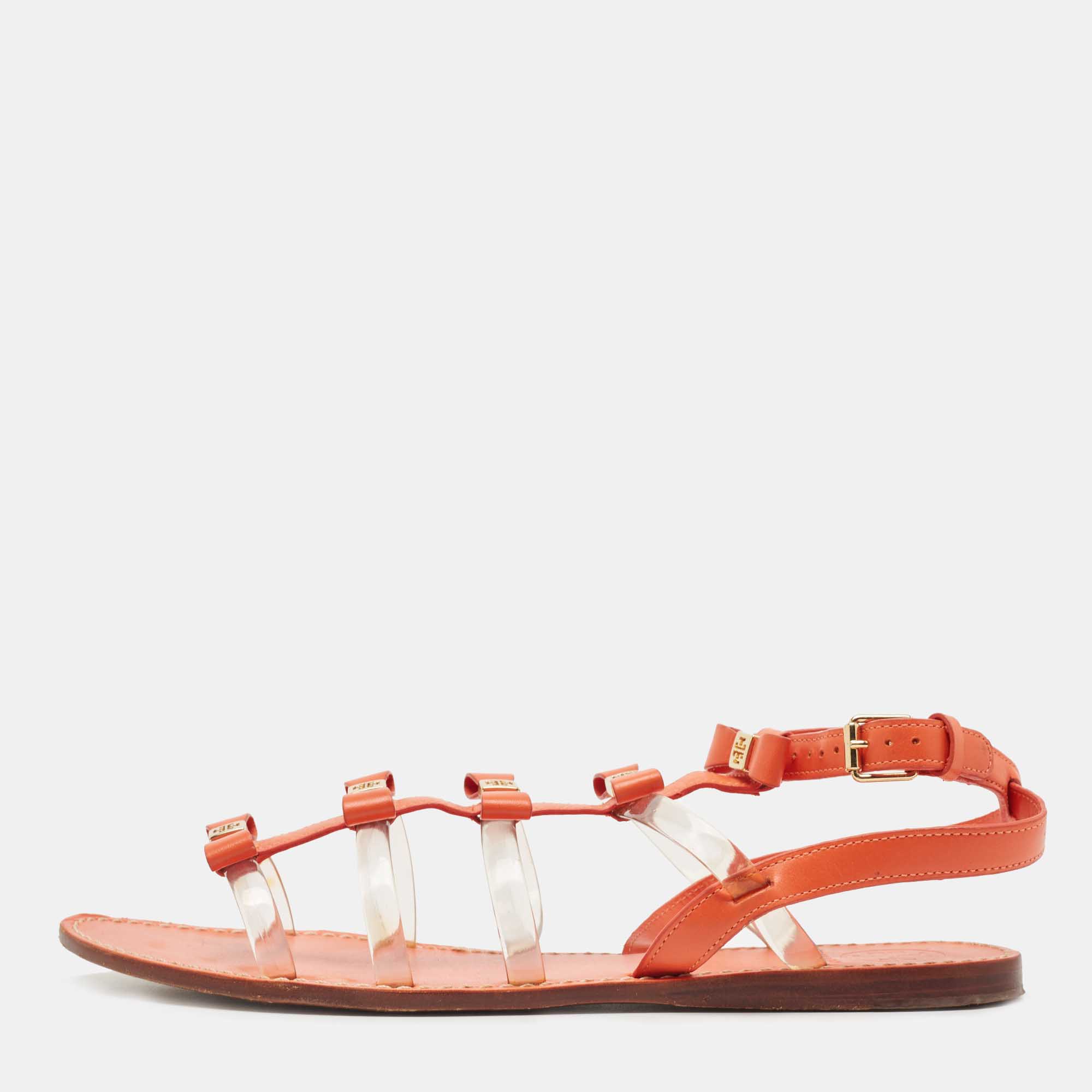 Pre Owned Tory Burch Orange Leather and PVC Kira Bow Flat Sandals Size 41.5