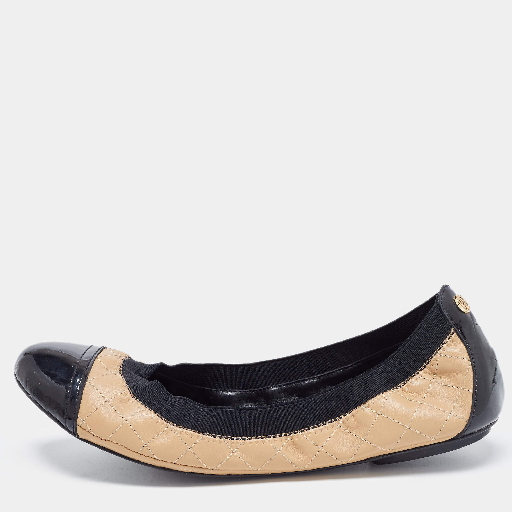 Tory Burch Beige/Black Patent and Leather Quilted Detail Scrunch Ballet Flats Size 38.5