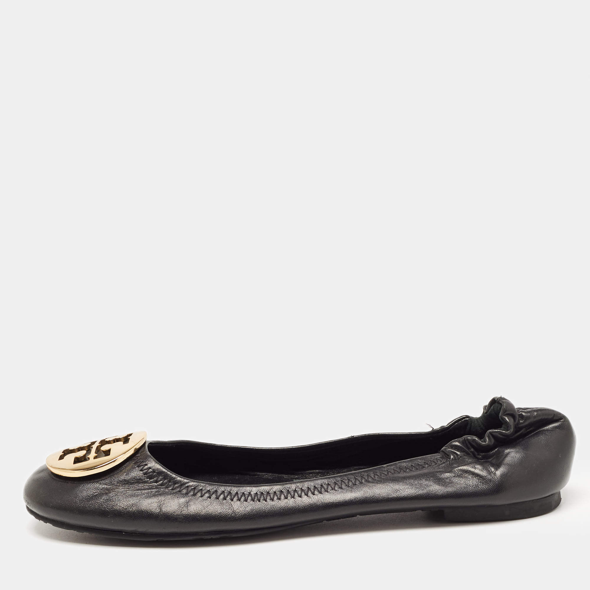Pre Owned Tory Burch Black Leather Reva Pebbled Logo Ballet Flats Size 38.5