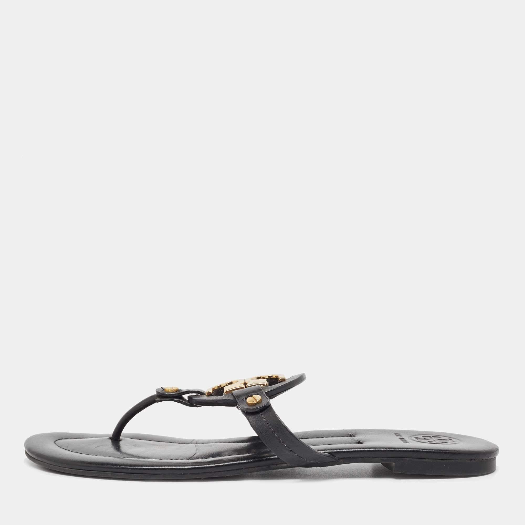 Pre Owned Tory Burch Black Leather Thong Flats Size 39  