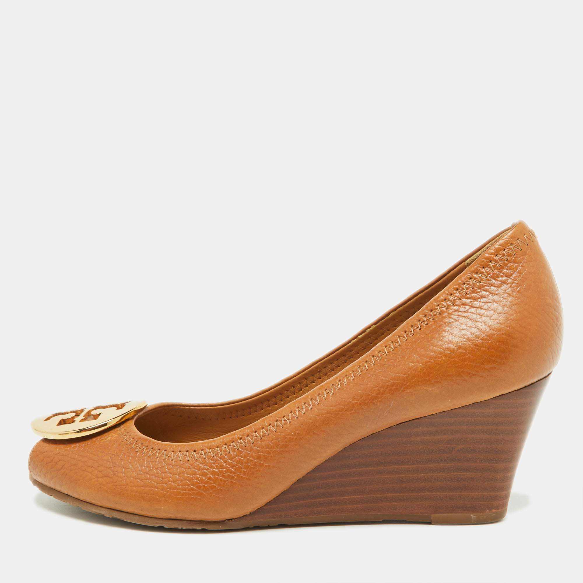 Pre Owned Tory Burch Beige Leather Reva Peep Toe Wedge Pumps Size 36