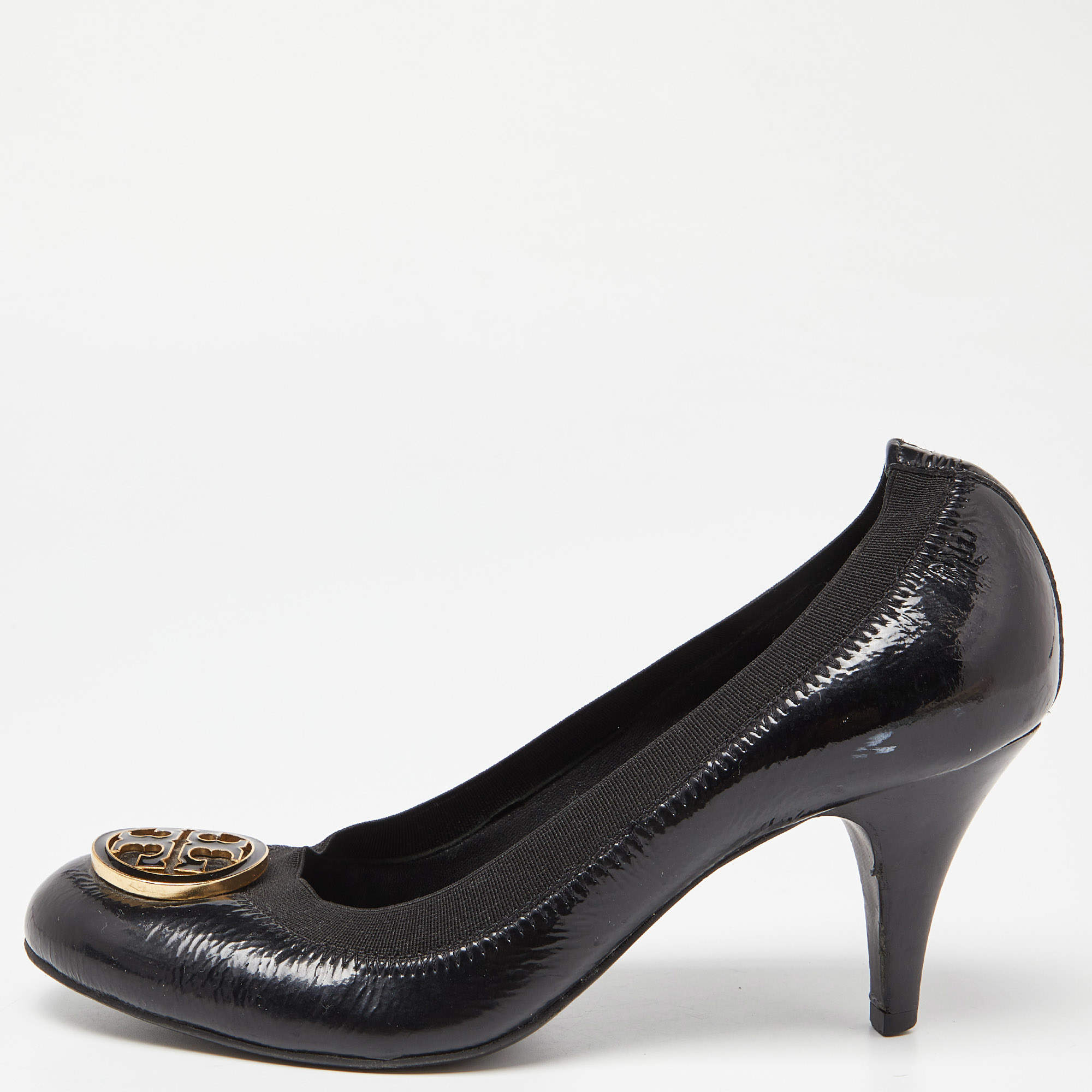 Pre Owned Tory Burch Black Patent Leather Caroline Scrunch Pumps Size 37.5