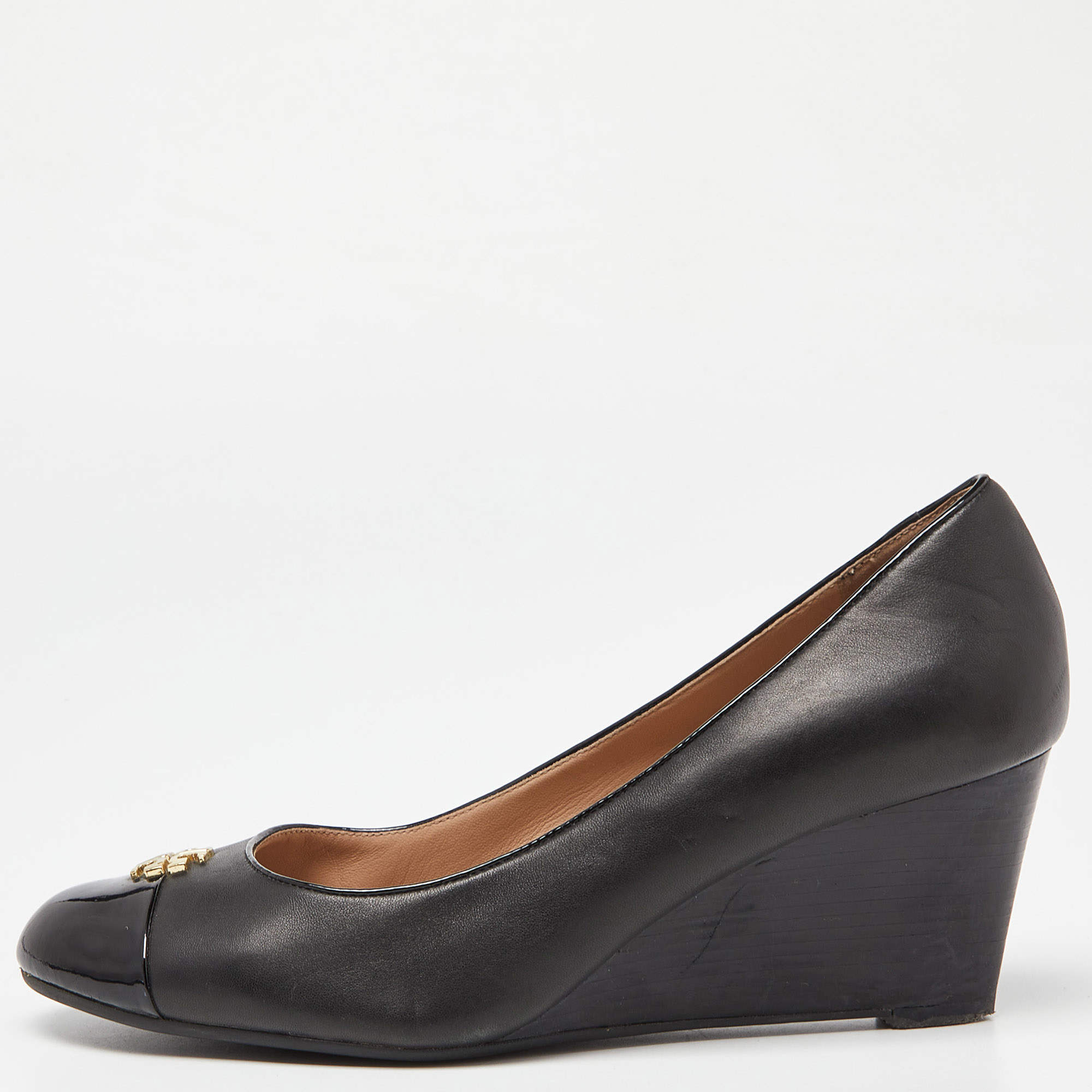 Pre Owned Tory Burch Black Leather and Patent Cap Toe Wedge Pumps Size 40