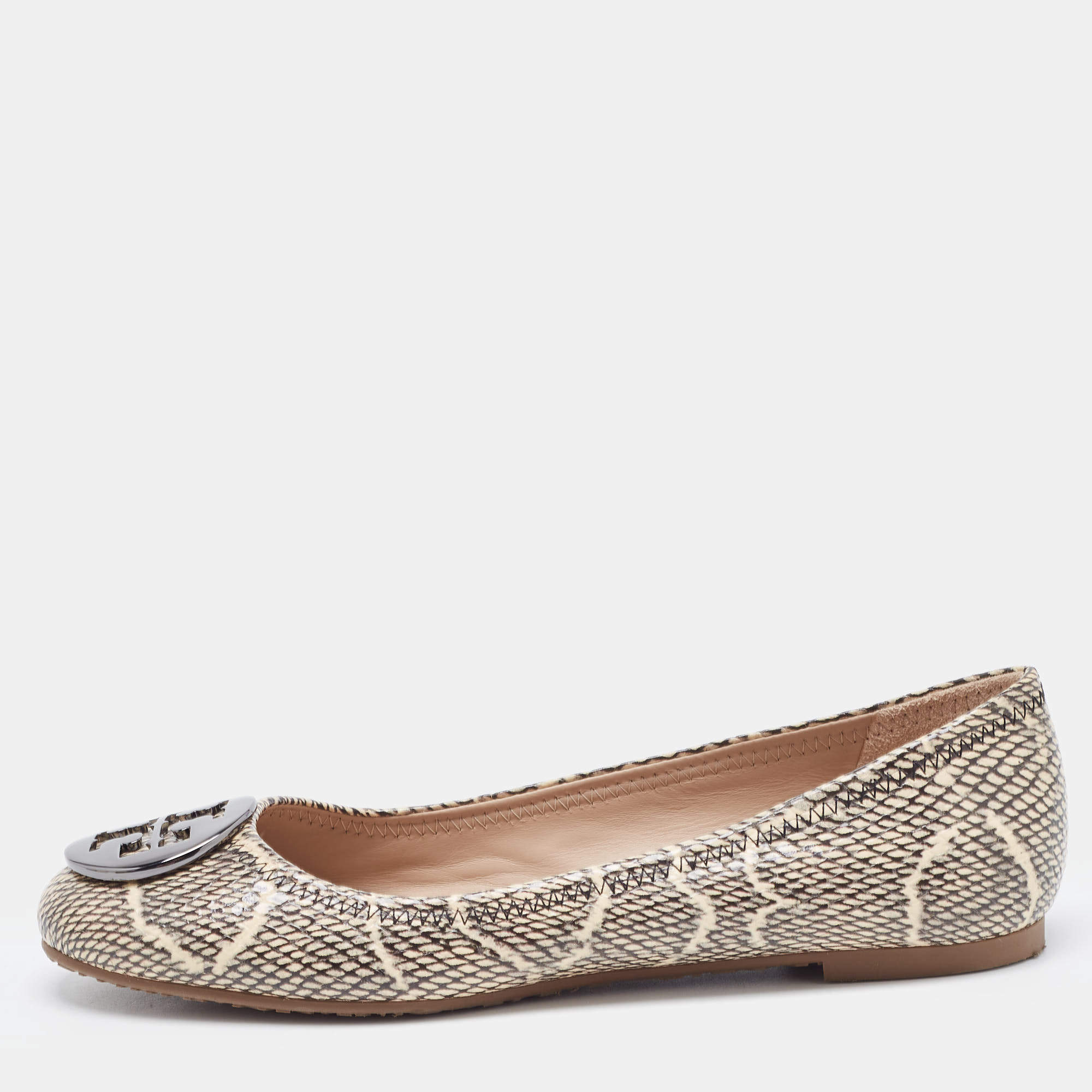 Pre Owned Tory Burch Black/Cream Python Embossed Reva Ballet Flats Size 37.5