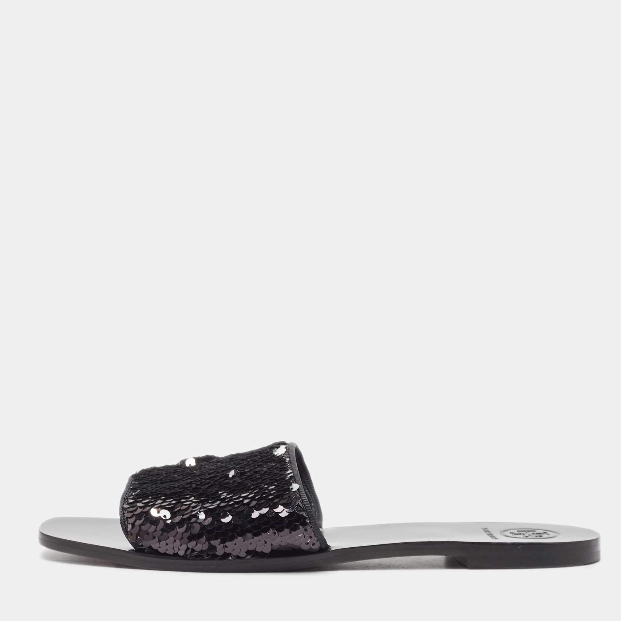 Pre Owned Tory Burch Black Sequins Carter Slide Flats Size 38