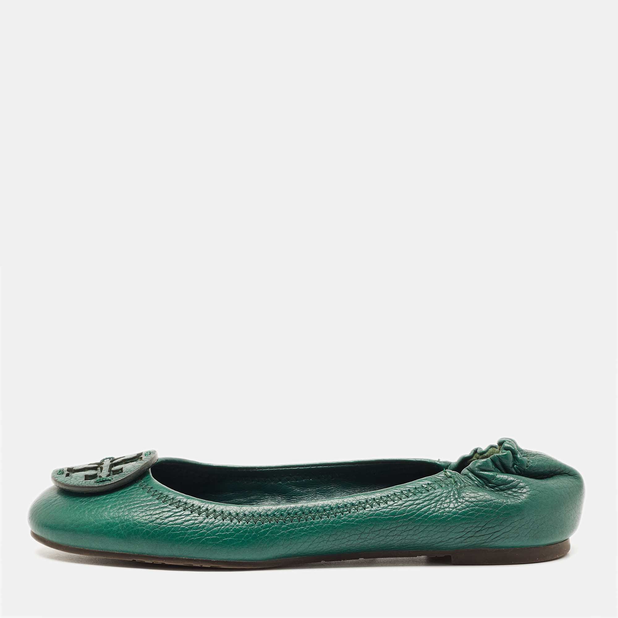 Tory Burch Green Leather Minnie Travel Ballet Flats Size 37.5 Tory