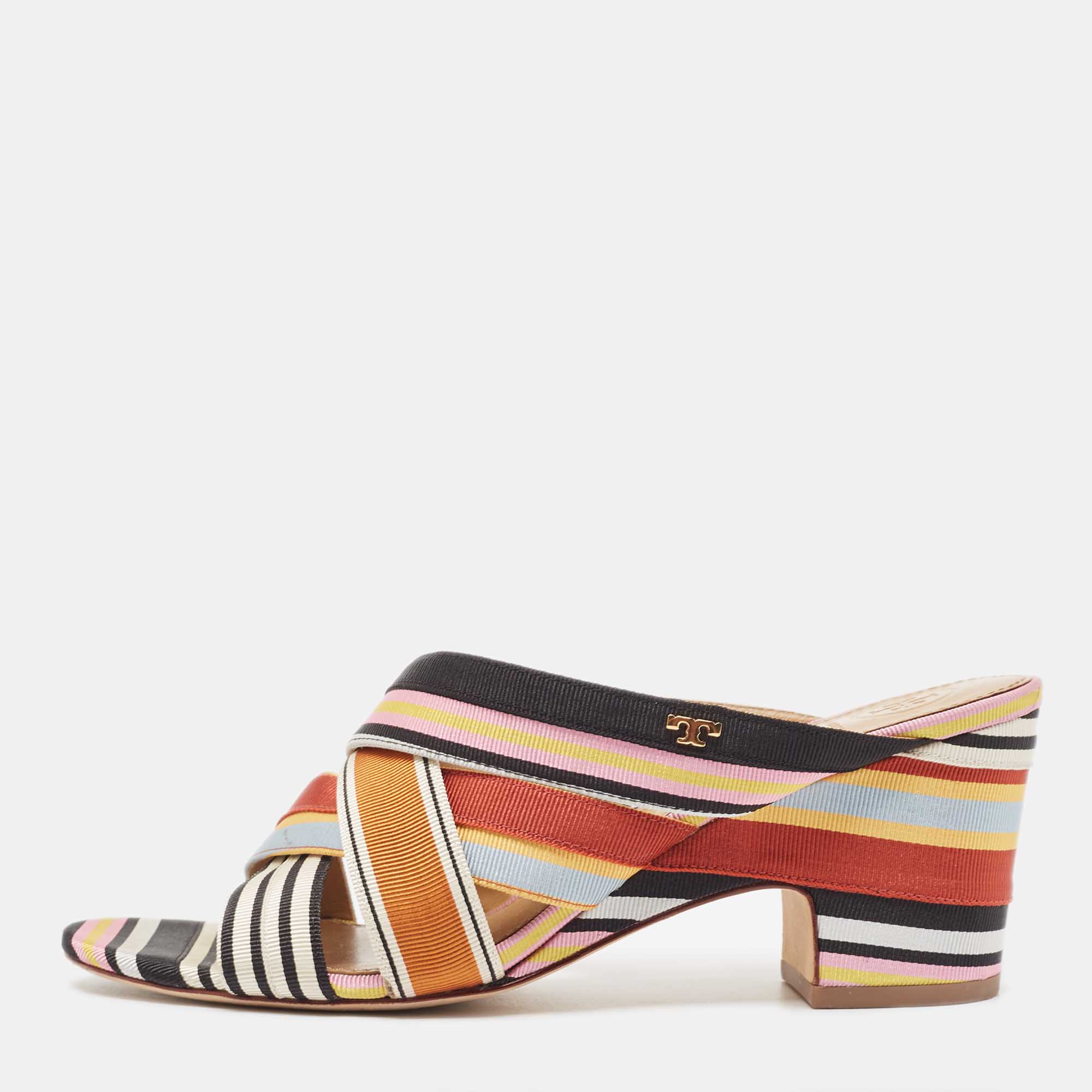 Pre Owned Tory Burch Multicolor Striped Canvas Graham Slide Sandals Size 38.5