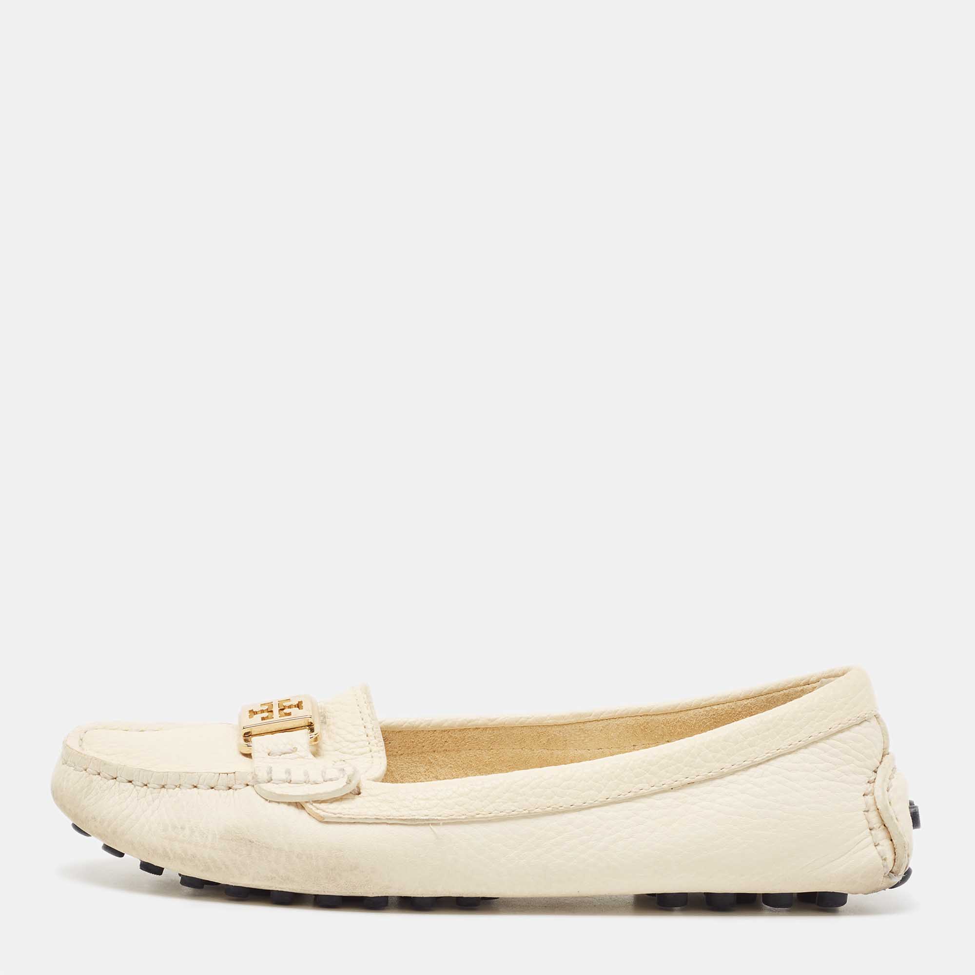 Pre Owned Tory Burch Cream Leather Kendrick Loafers Size 38