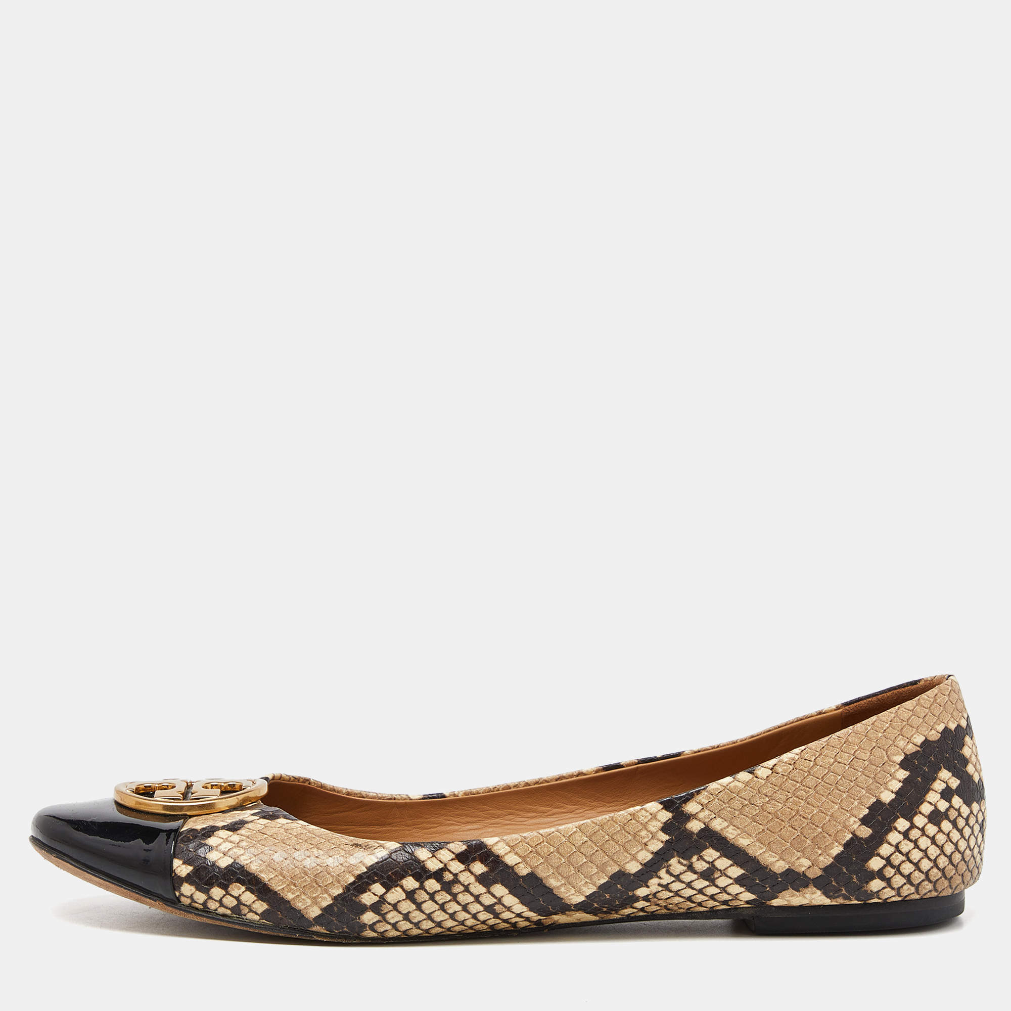 Pre Owned Tory Burch Beige/Brown Python Embossed Leather and Patent Leather Chelsea Ballet Flats Size 41