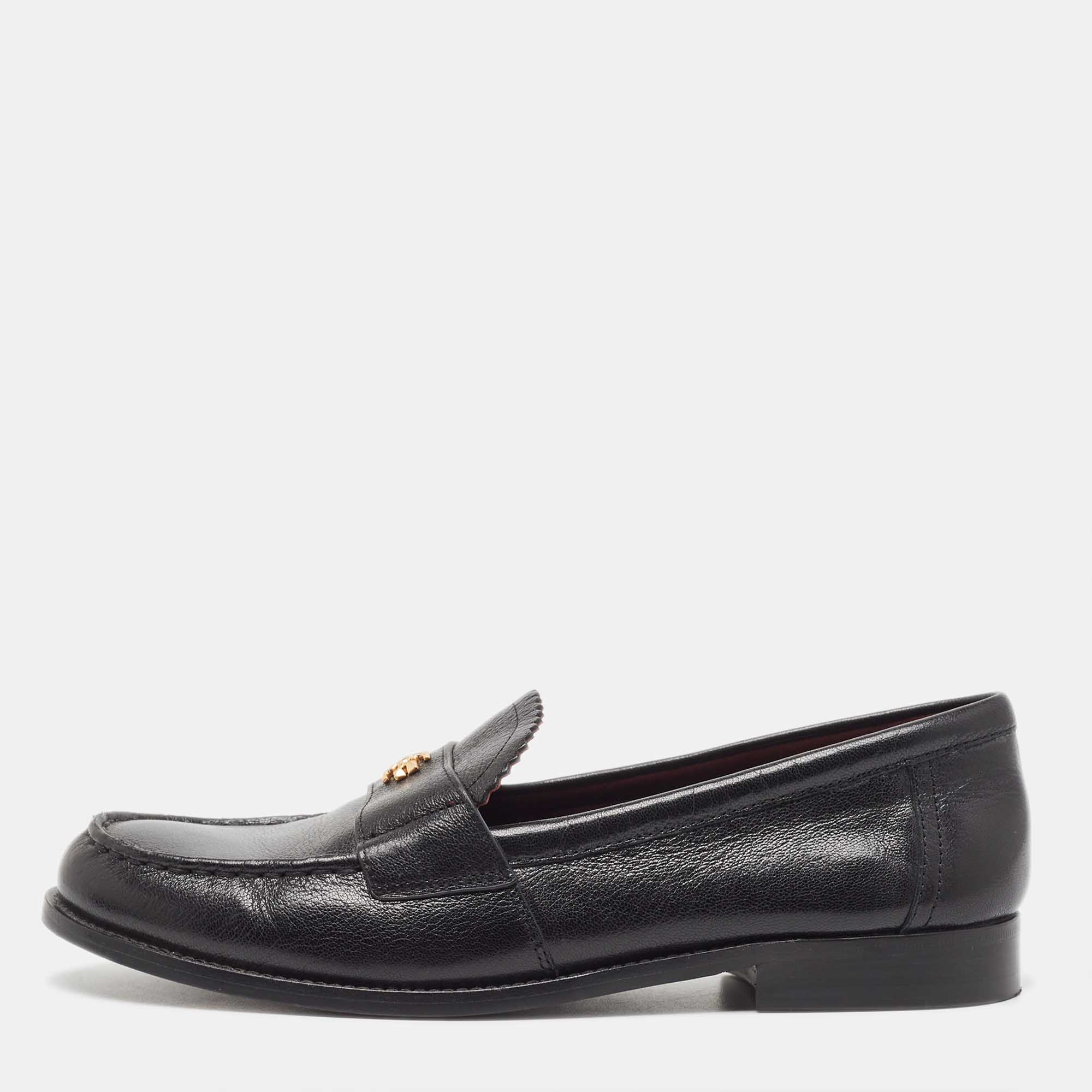 Pre Owned Tory Burch Black Leather Loafers Size 39