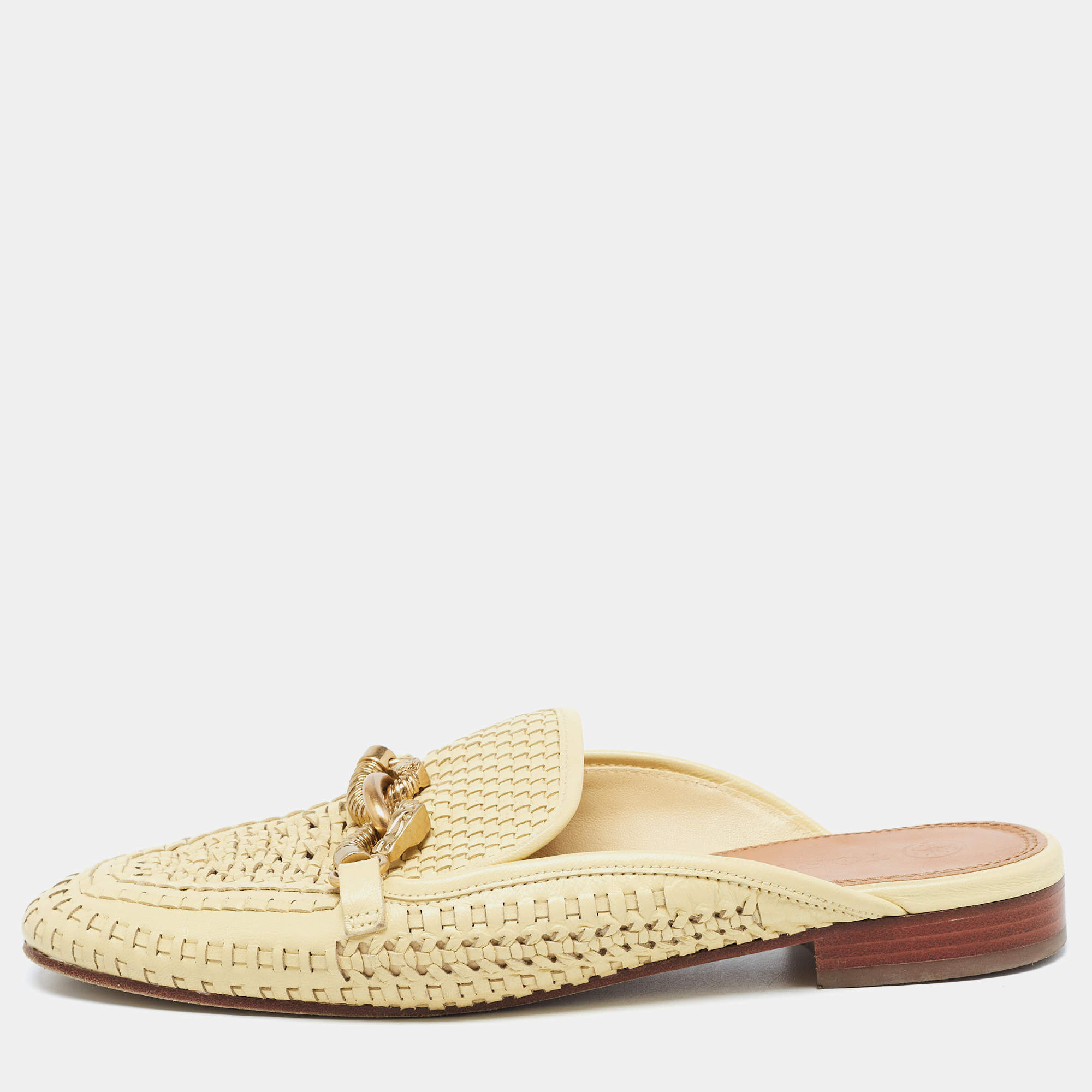 Pre Owned Tory Burch Yellow Woven Leather Loafer Mules Size 38.5 