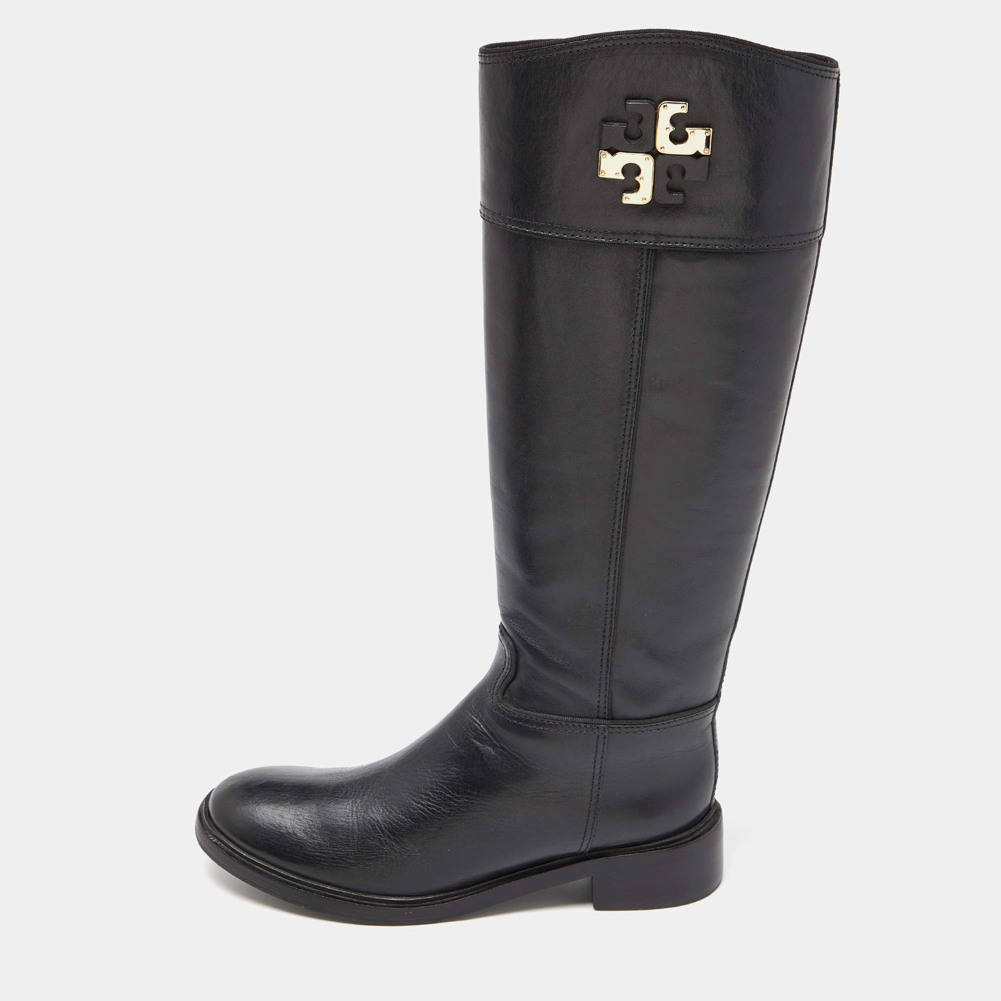 Pre Owned Tory Burch Black Leather Knee Length Boots Size 38.5