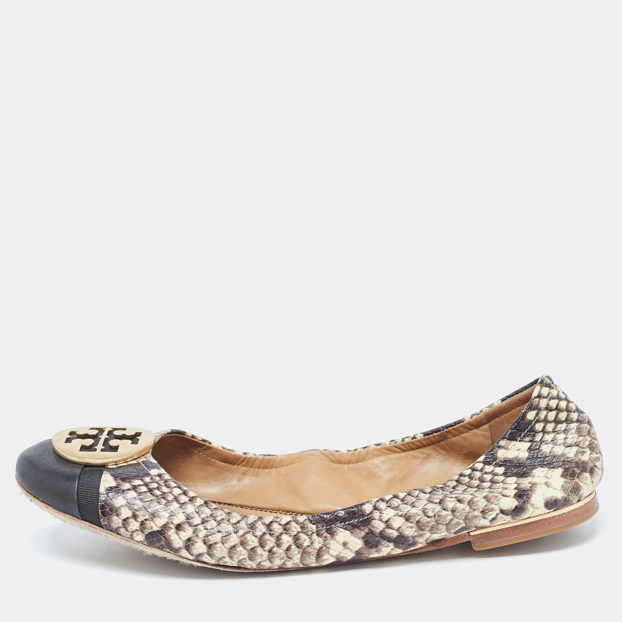 Pre Owned Tory Burch Black/Cream Python Embossed Reva Ballet Flats Size 38.5