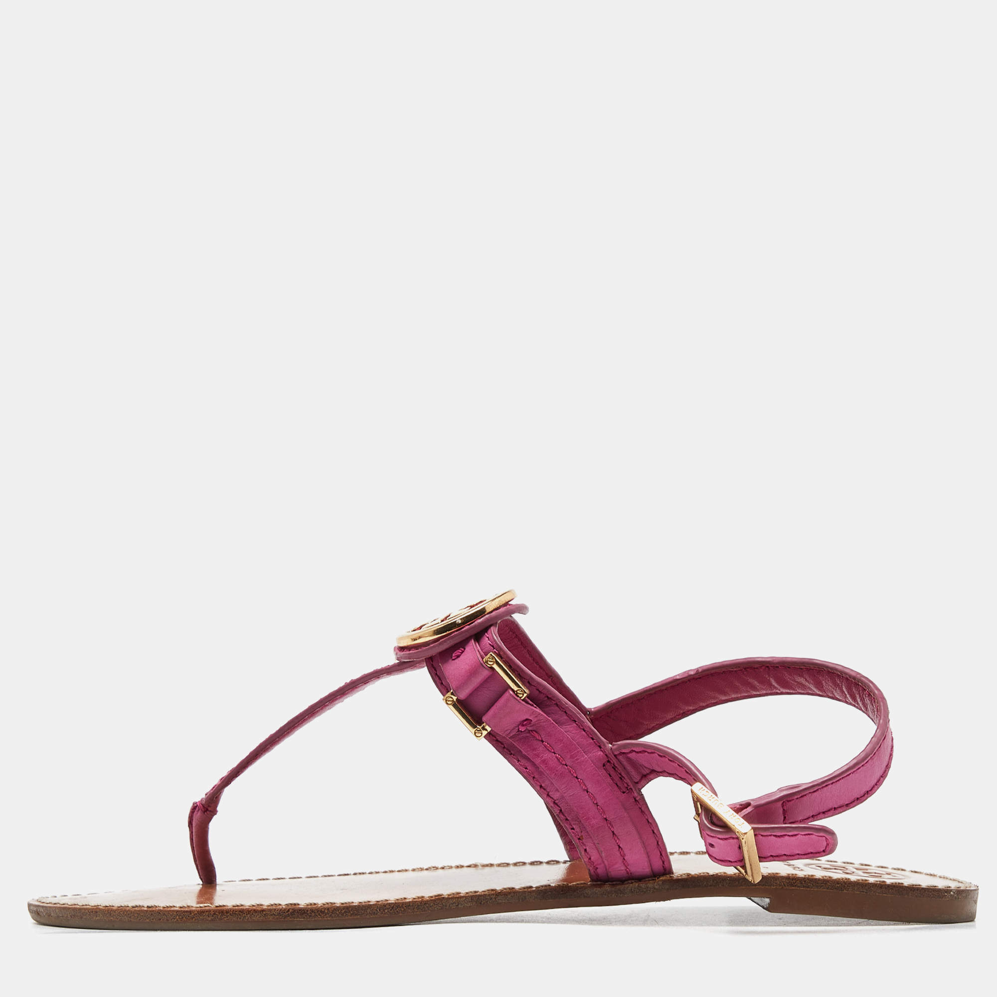Tory Burch Pink Leather Logo Detail Thong Slingback Flat Sandals Size 41