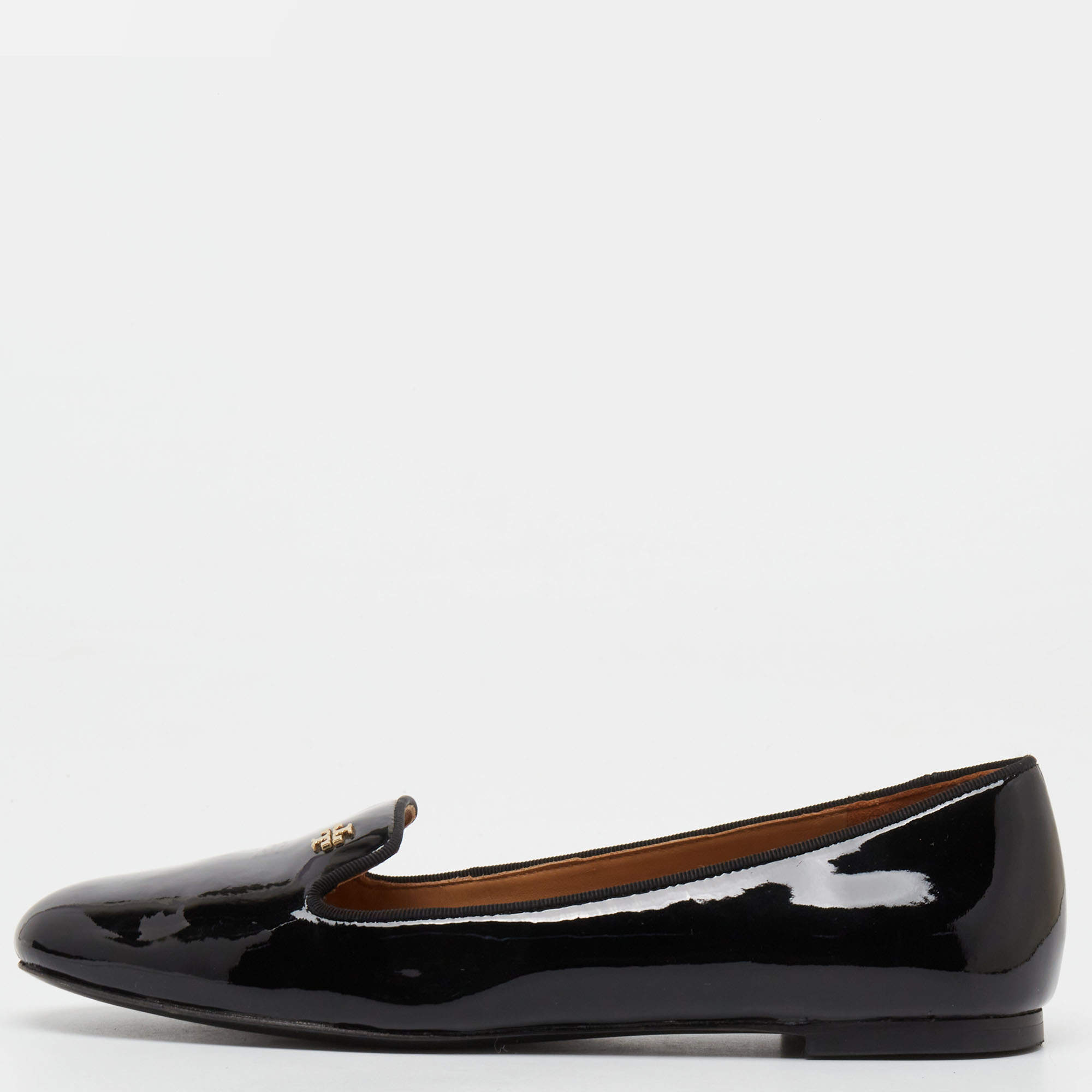 Pre Owned Tory Burch Black Patent Leather Samantha Smoking Slippers Size 37.5