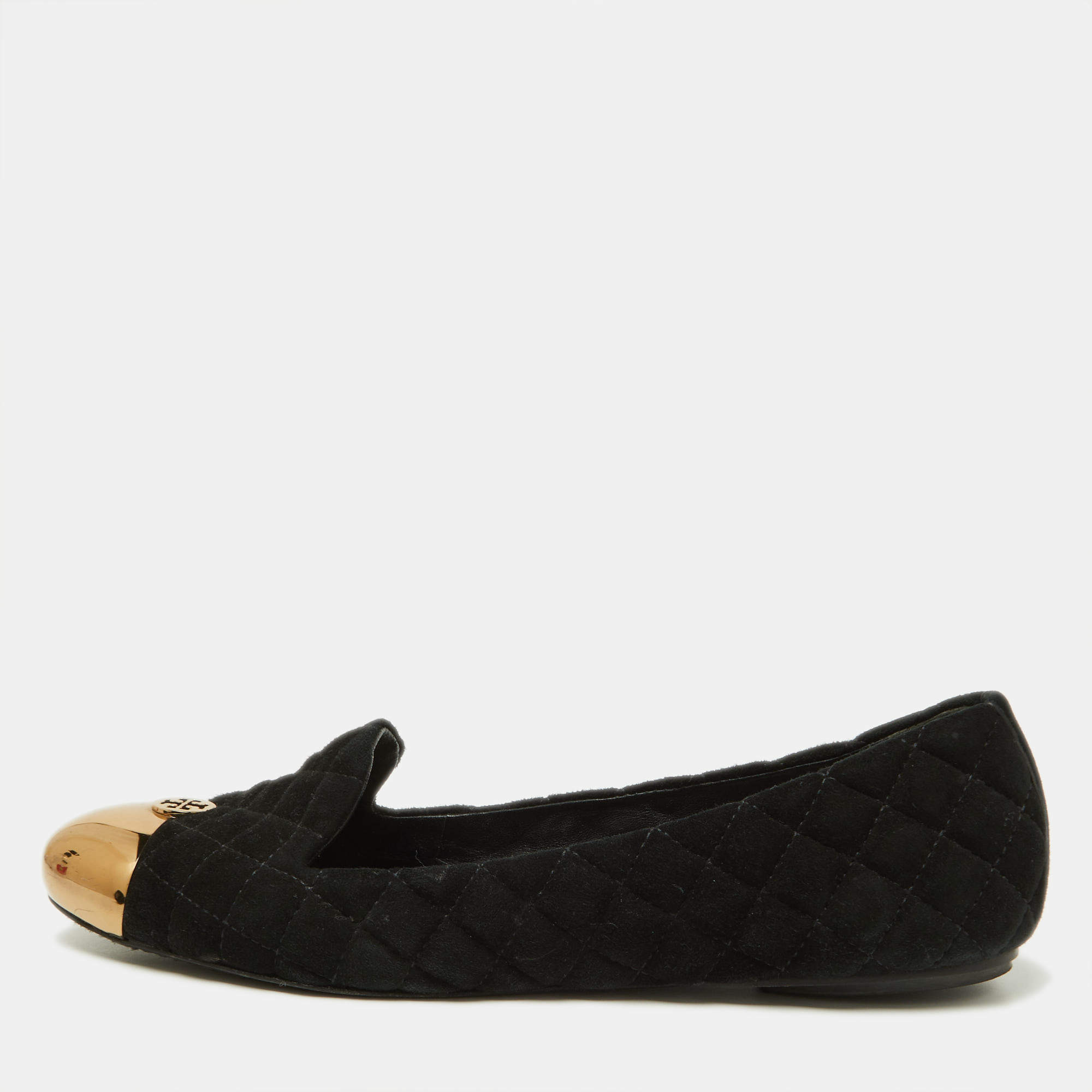 Pre Owned Tory Burch Black Quilted Suede Kaitlin Ballet Flats Size 41.5