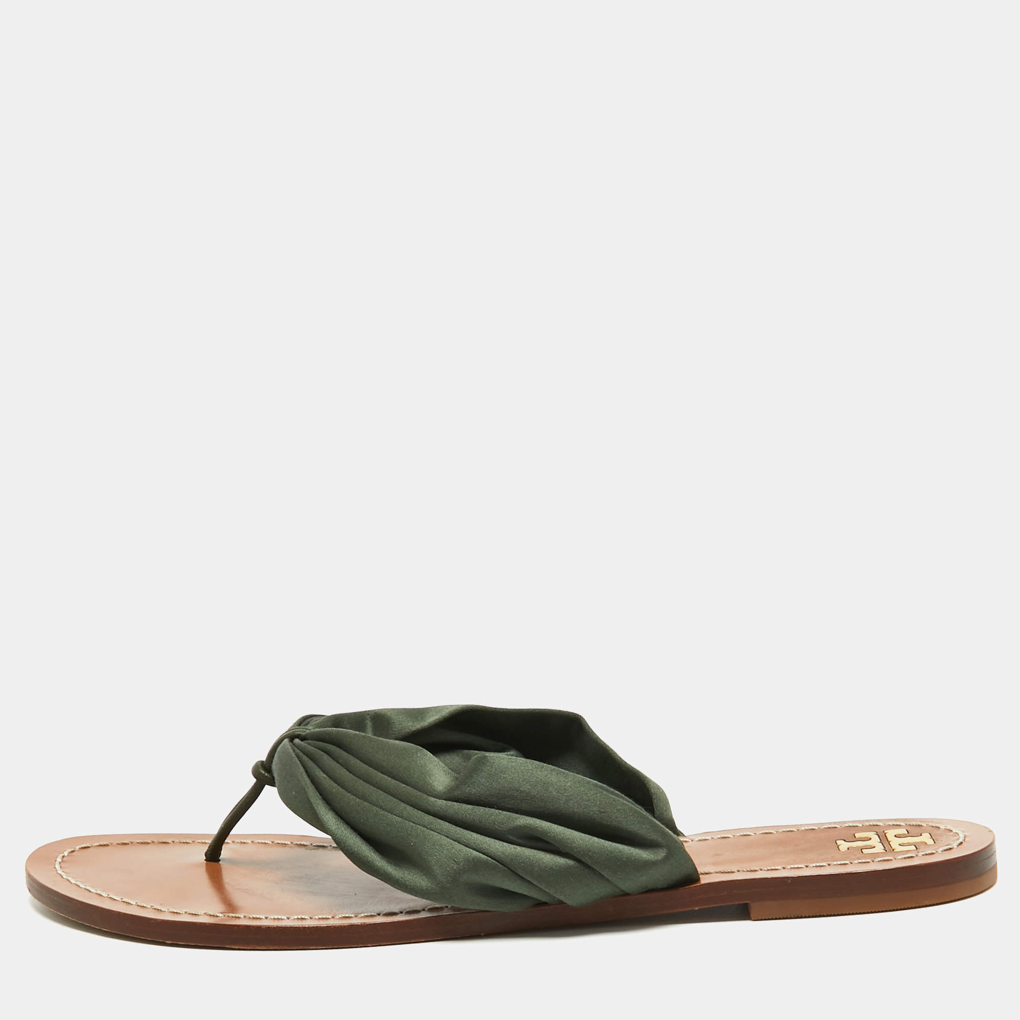 Pre Owned Tory Burch Dark Green Satin Carson Thong Flats Size 40.5