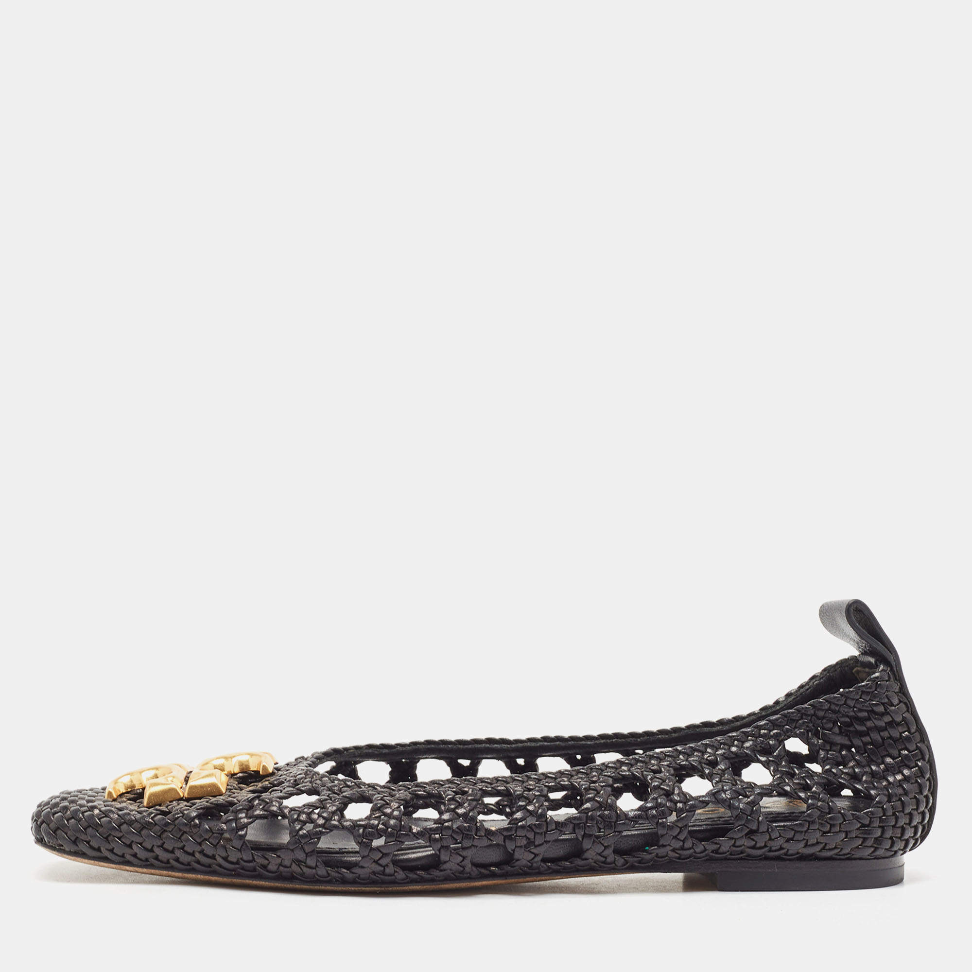 Pre Owned Tory Burch Black Woven Leather Eleanor Ballet Flats Size 36.5