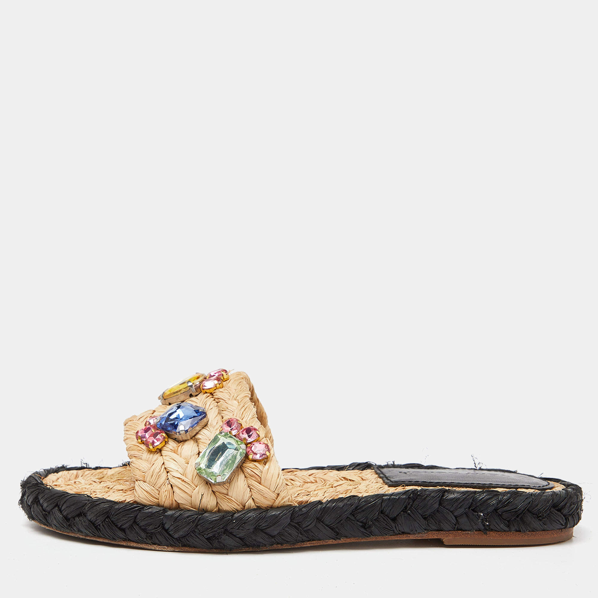 Tory Burch Beige Raffia Crystal Embellished Flat Slides Size 36.5