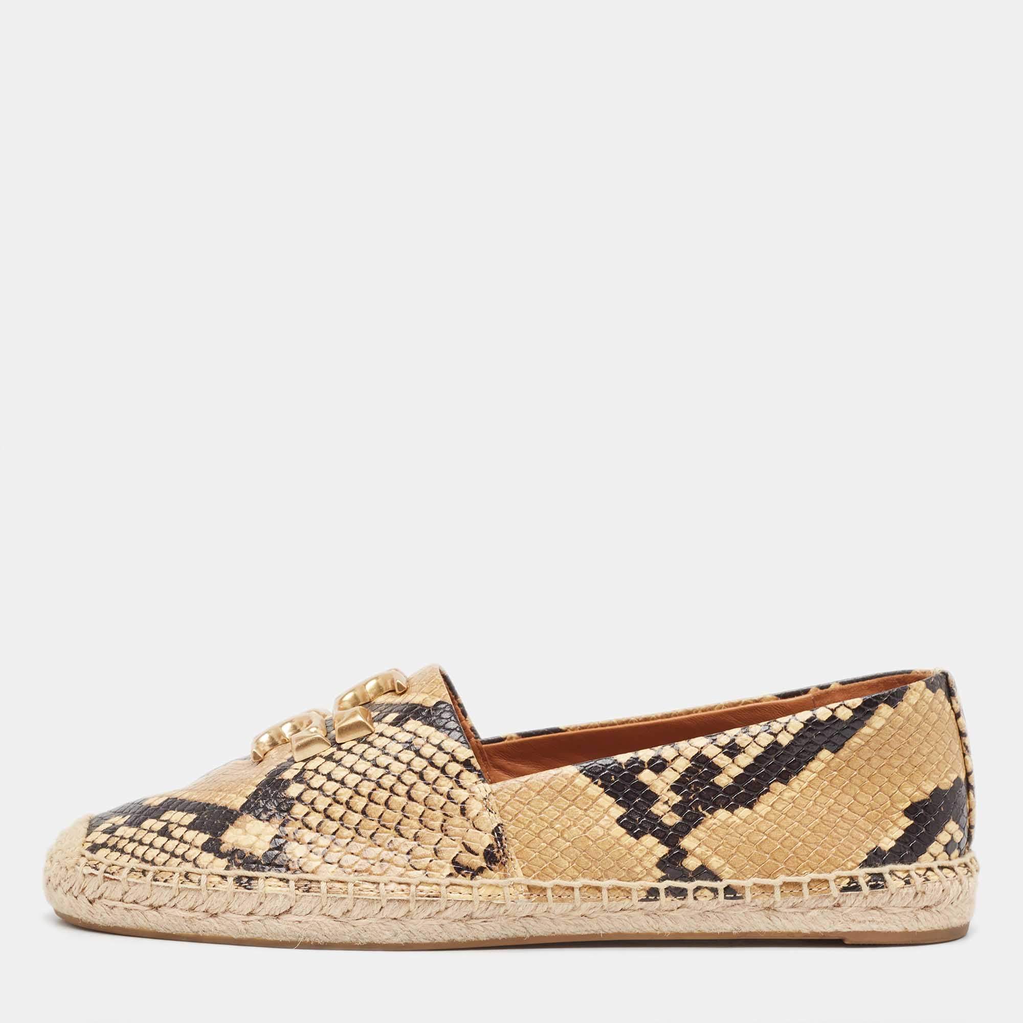 Pre Owned Tory Burch Brown/Beige Python Embossed Minnie Ballet Flats Size 38