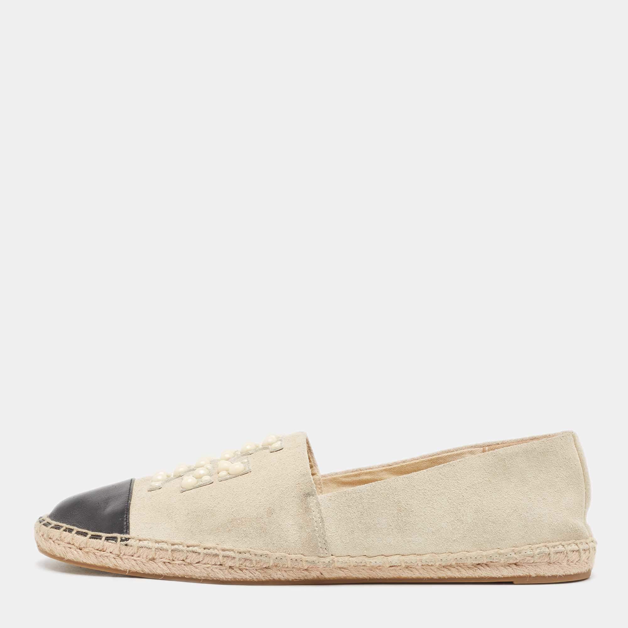 Pre Owned Tory Burch Grey/Black Suede and Leather Pearl Embellished Slip On Espadrilles Flats Size 39
