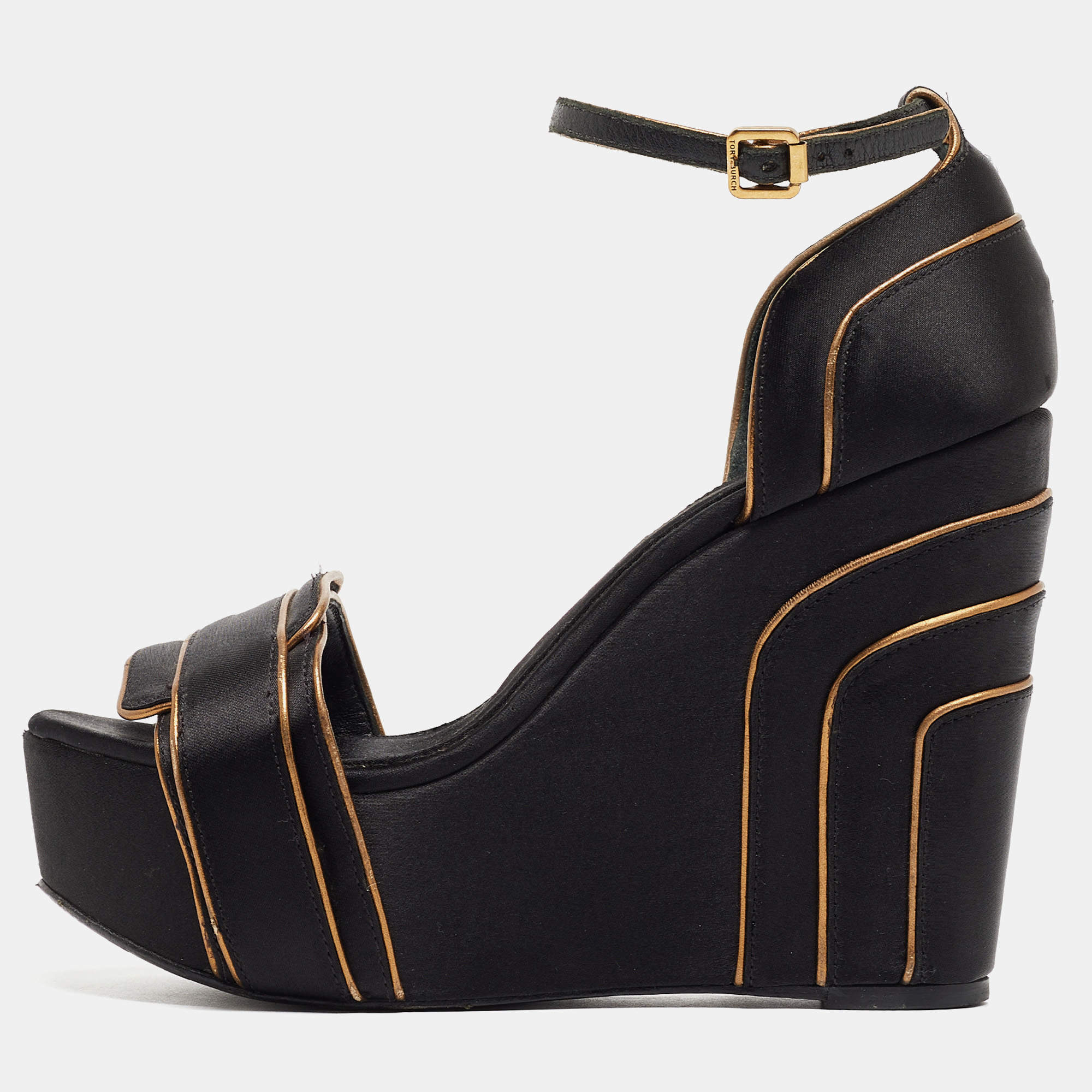 Pre Owned Tory Burch Gold/Black Satin Wedge Ankle Strap Sandals Size 37.5